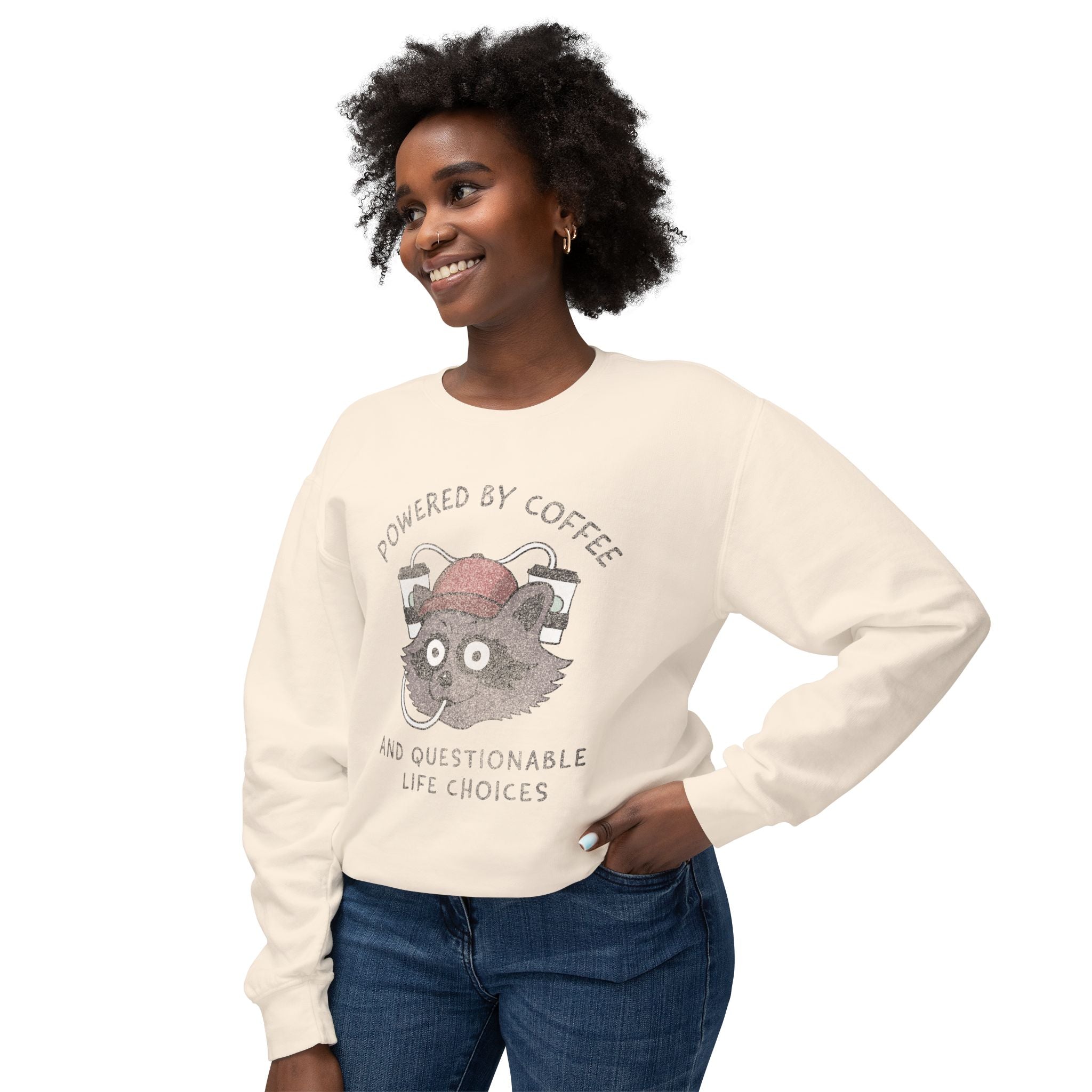 Powered By Coffee And Questionable Life Choices - Funny Raccoon Sweatshirt
