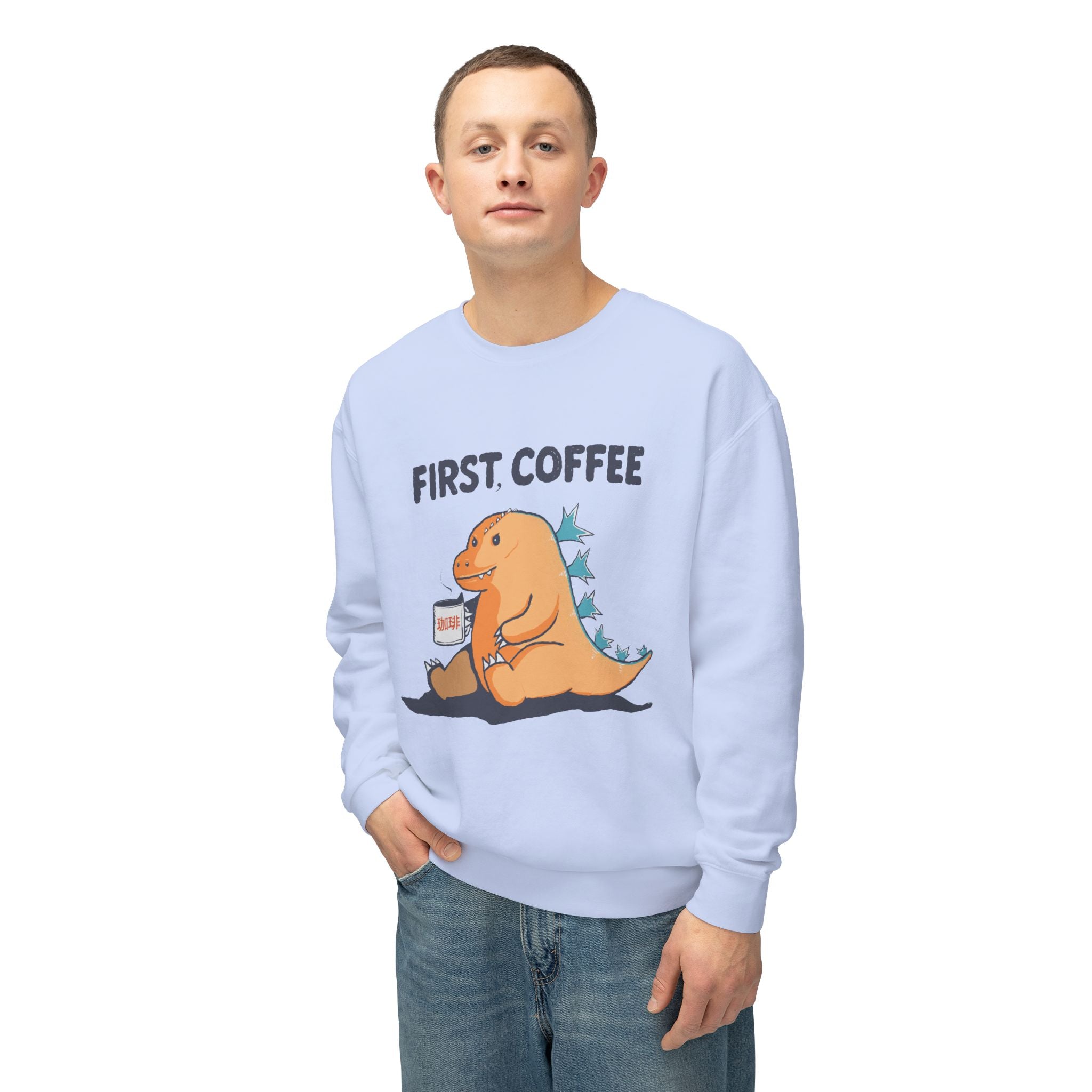 First Coffee Dinosaur Sweatshirt - Cute Dino Morning Coffee Crewneck