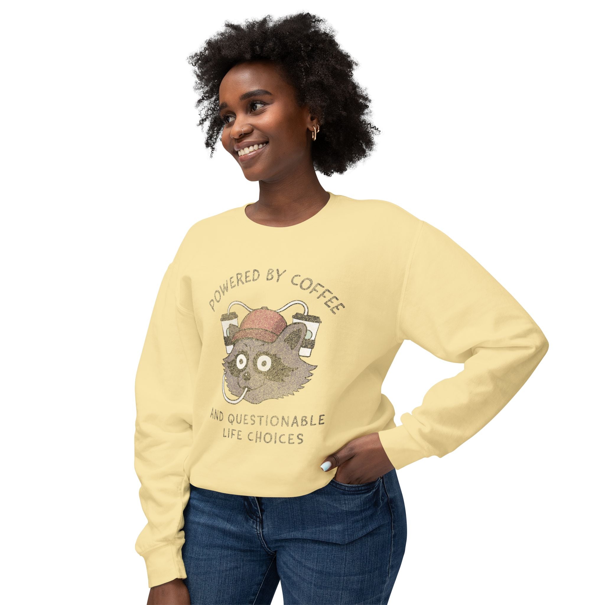 Powered By Coffee And Questionable Life Choices - Funny Raccoon Sweatshirt