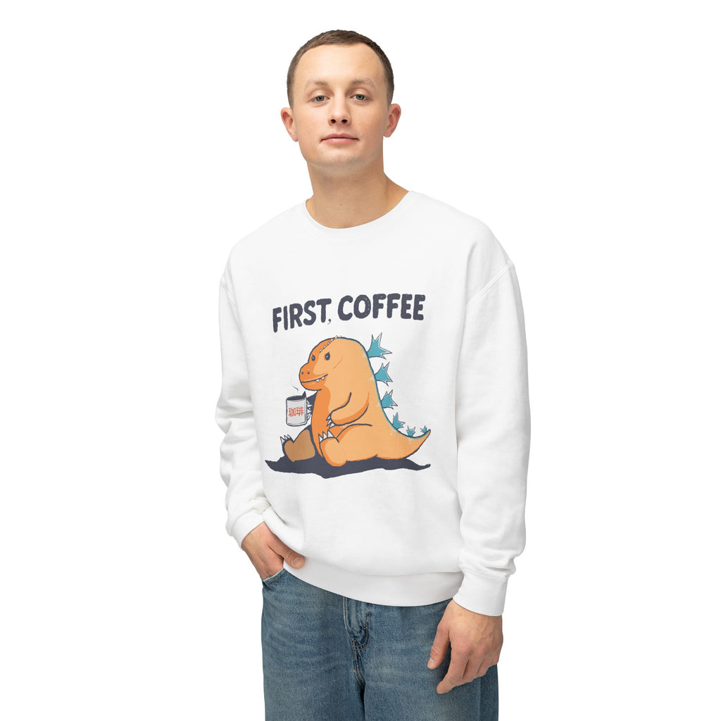 First Coffee Dinosaur Sweatshirt - Cute Dino Morning Coffee Crewneck