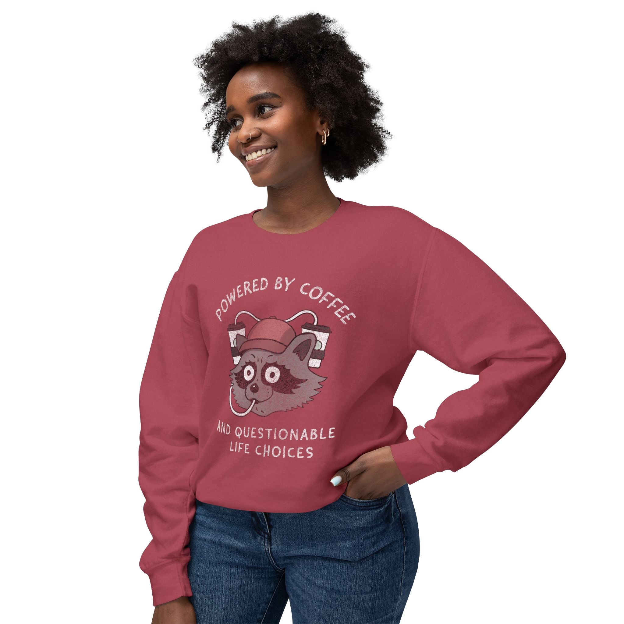 Powered By Coffee And Questionable Life Choices - Funny Raccoon Sweatshirt