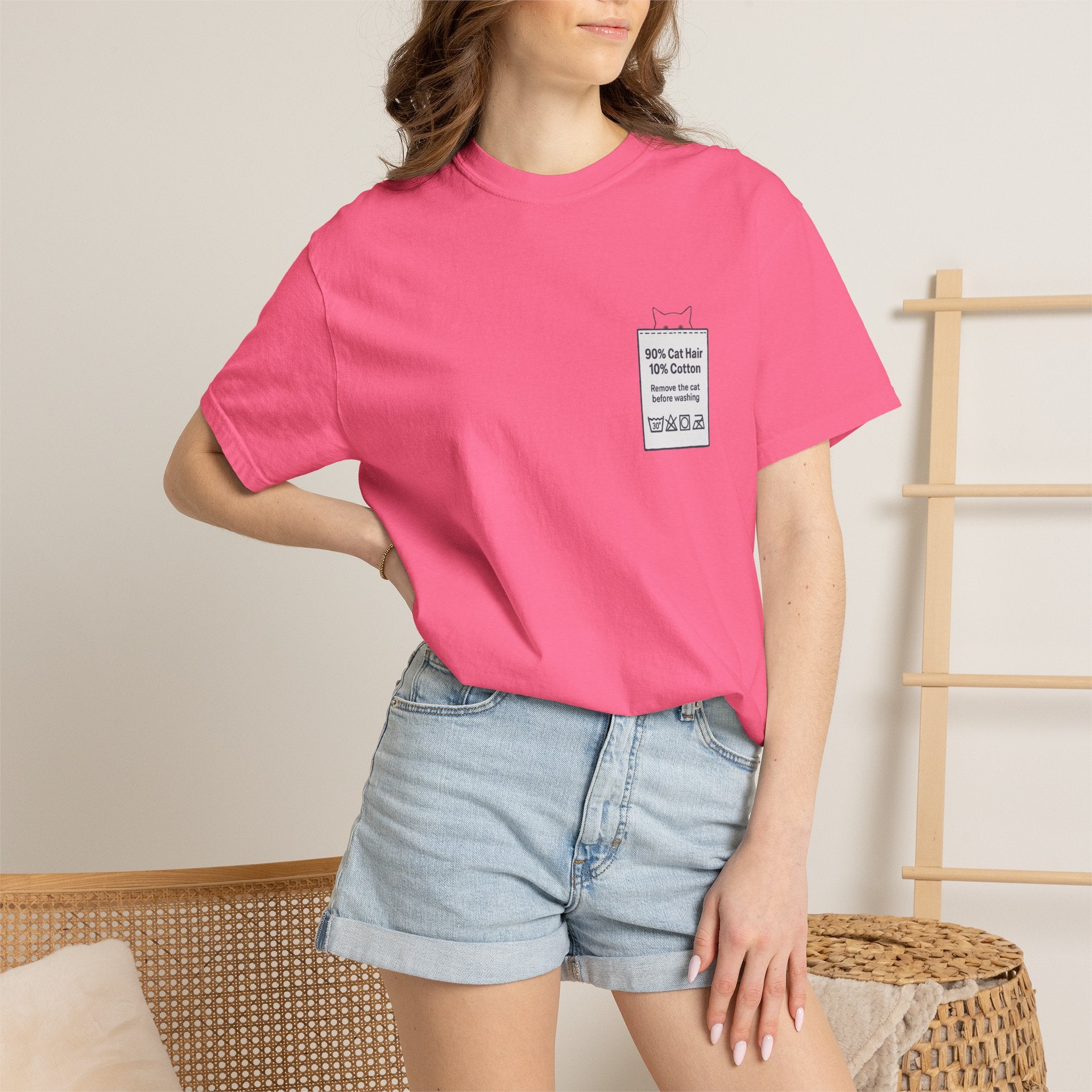 90% Cat Hair 10% Cotton - Remove The Cat Before Washing Tee with Care Label Pocket Print