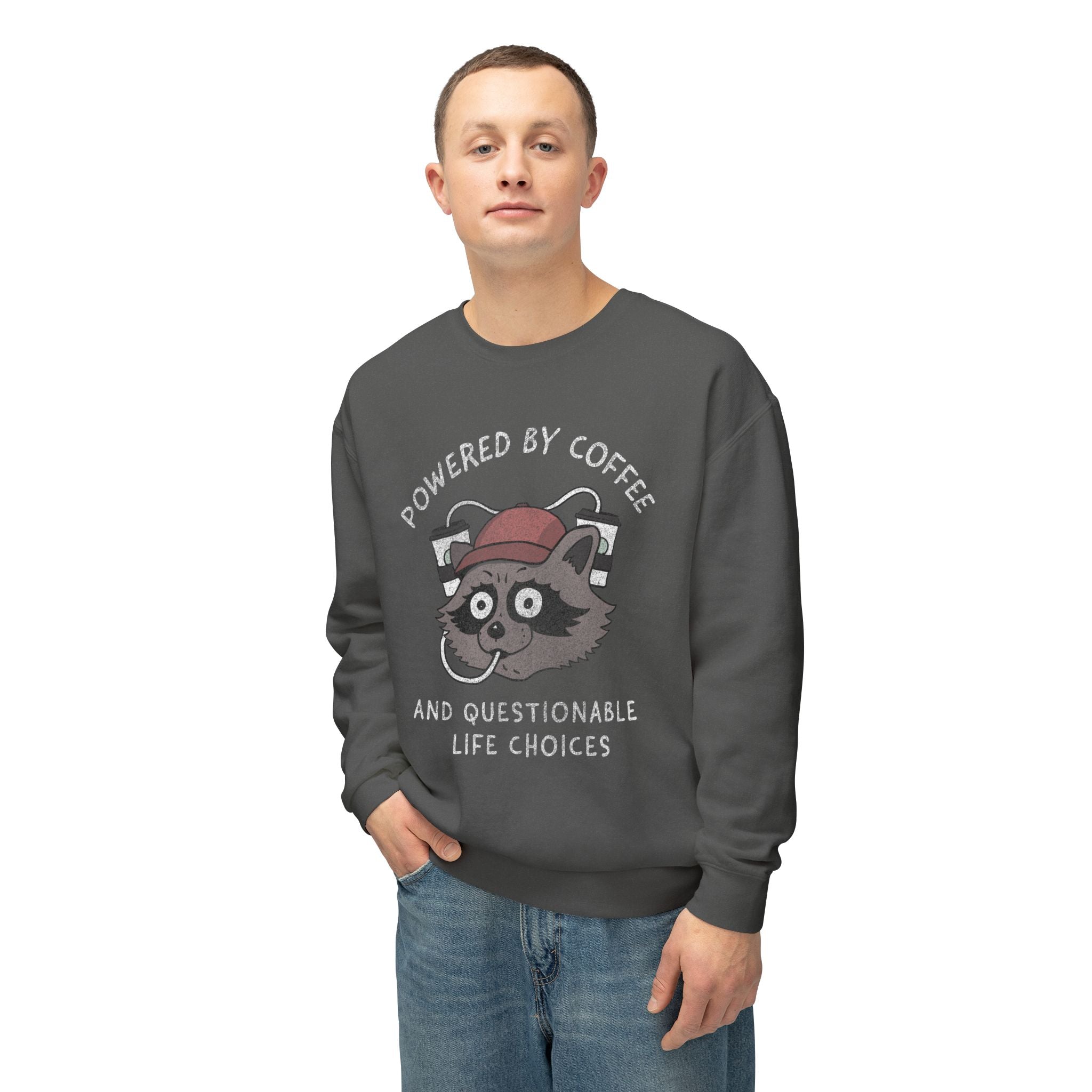 Powered By Coffee And Questionable Life Choices - Funny Raccoon Sweatshirt