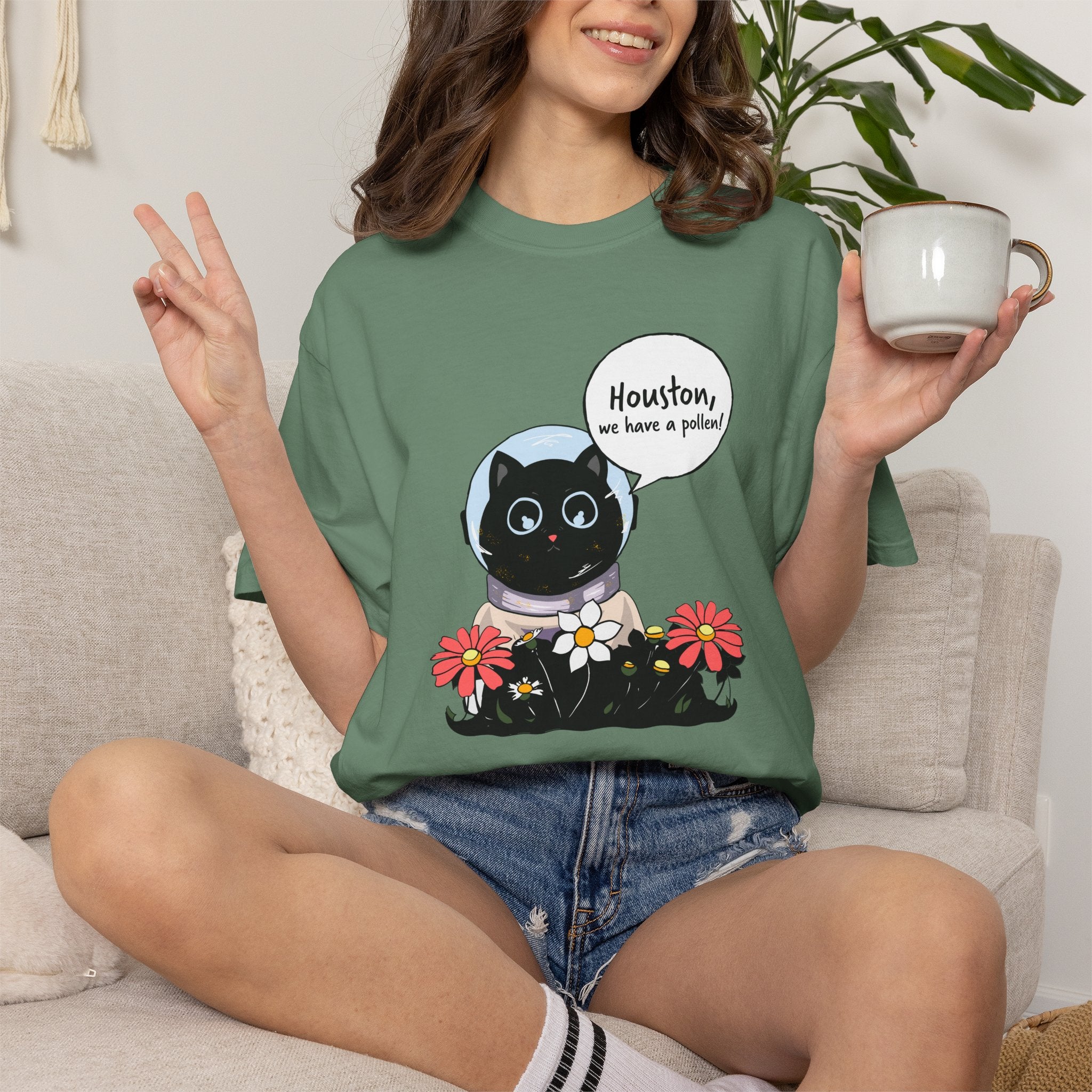 Houston We Have A Pollen Shirt - Funny Cat Astronaut Tee | Allergy Season Gift
