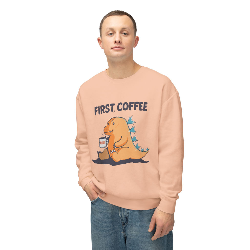 First Coffee Dinosaur Sweatshirt - Cute Dino Morning Coffee Crewneck