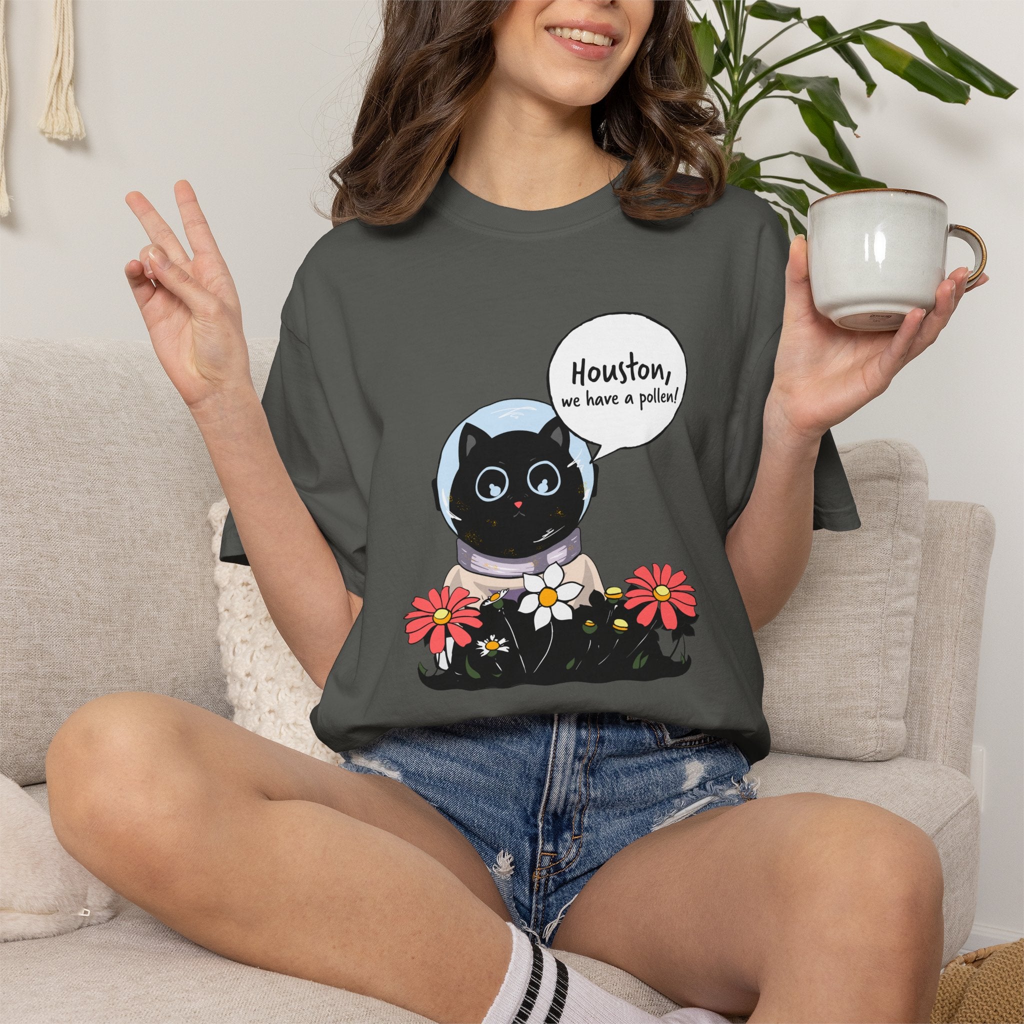 Houston We Have A Pollen Shirt - Funny Cat Astronaut Tee | Allergy Season Gift