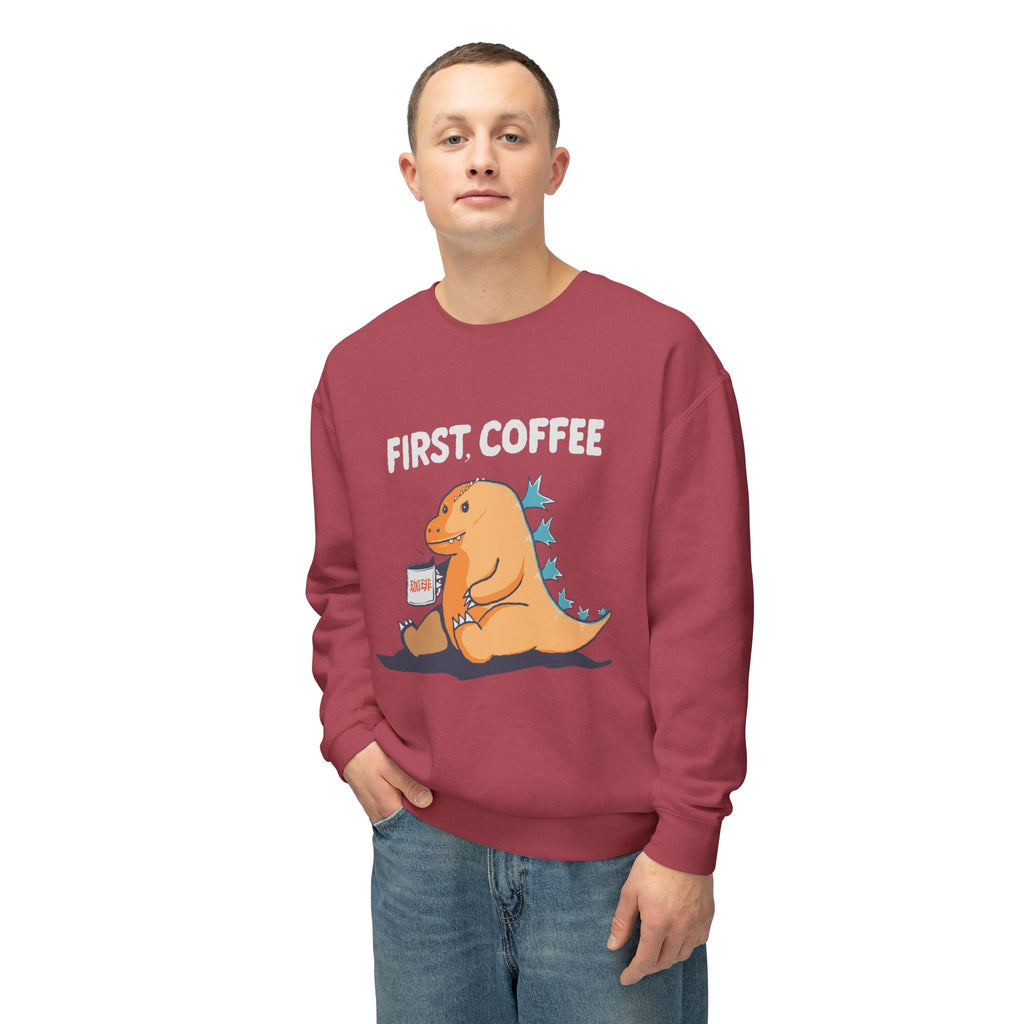 First Coffee Dinosaur Sweatshirt - Cute Dino Morning Coffee Crewneck