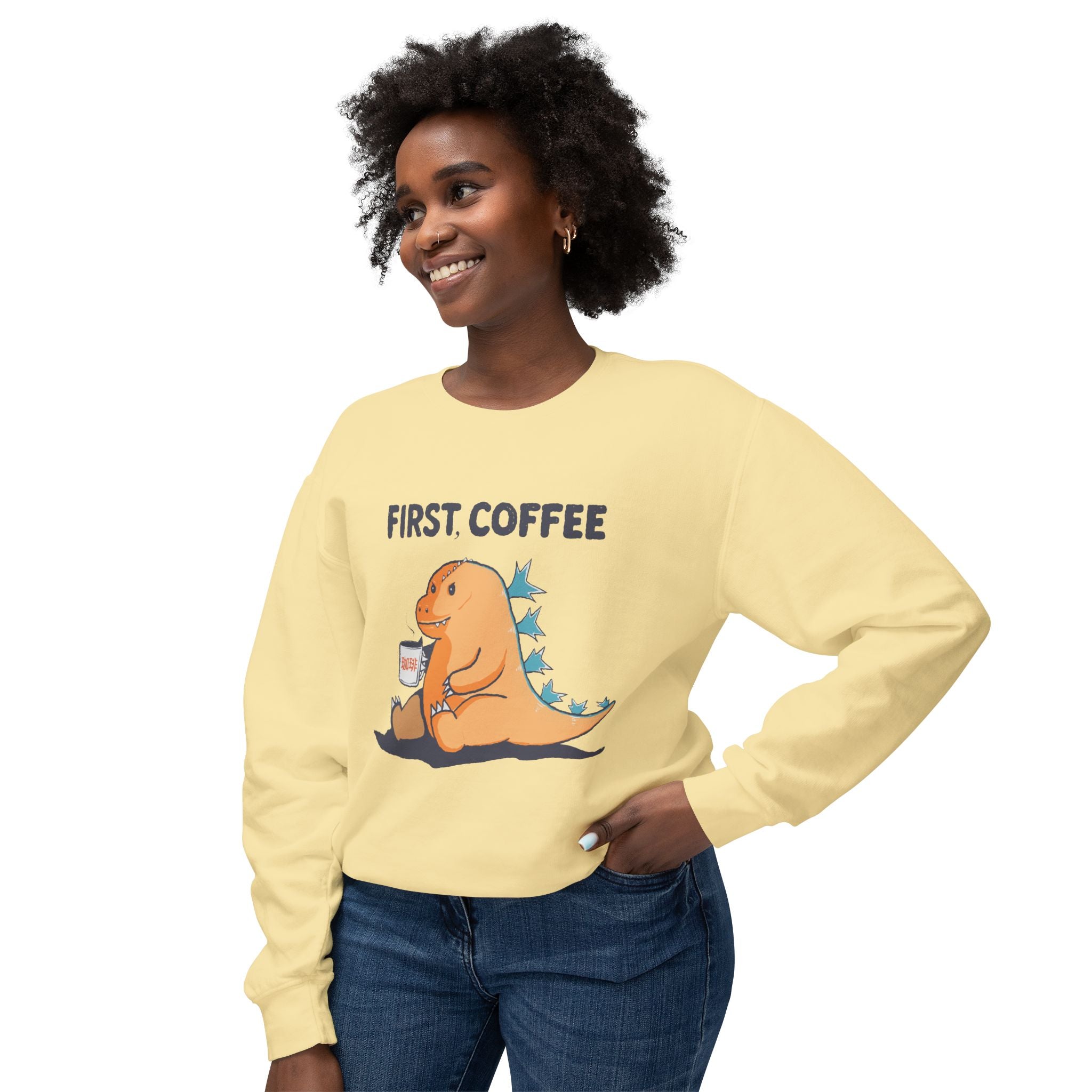 First Coffee Dinosaur Sweatshirt - Cute Dino Morning Coffee Crewneck