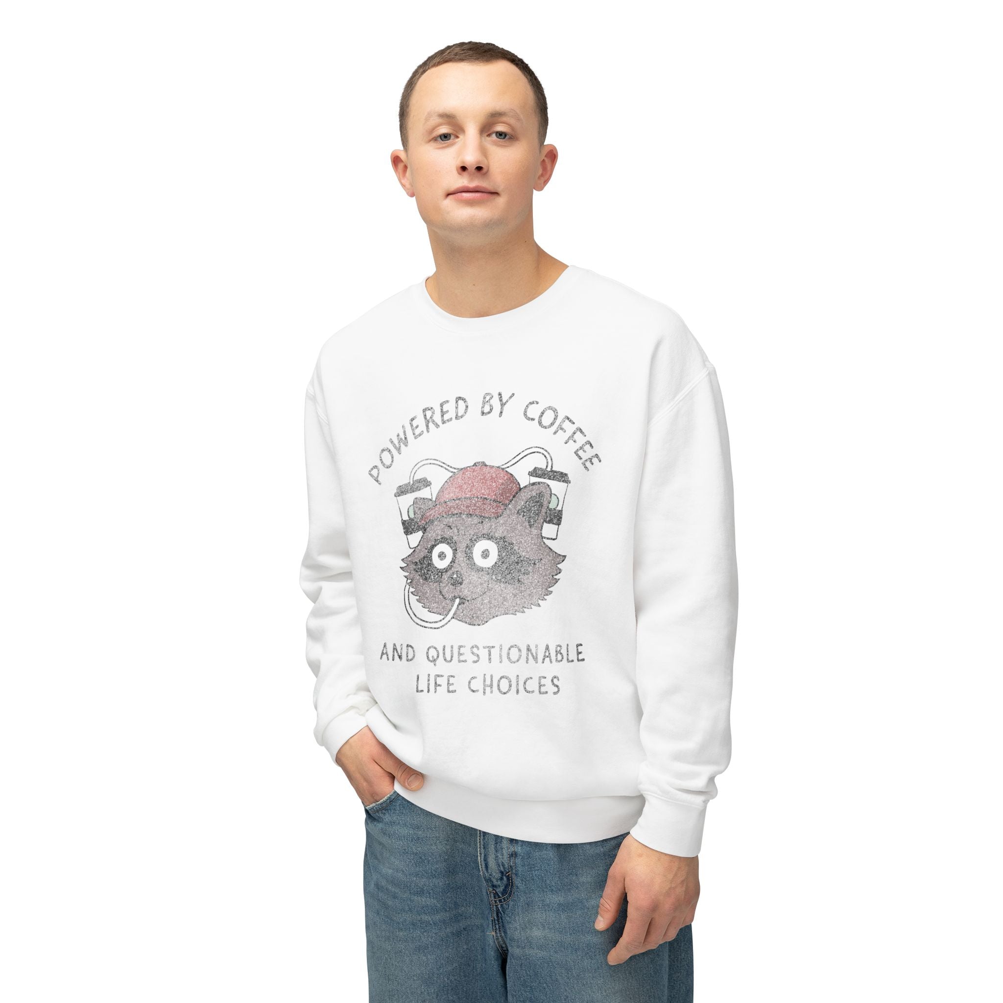 Powered By Coffee And Questionable Life Choices - Funny Raccoon Sweatshirt