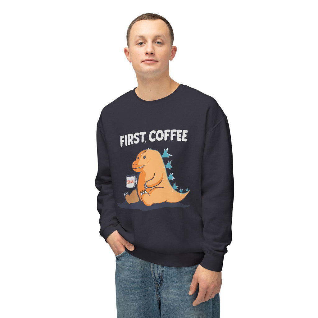 First Coffee Dinosaur Sweatshirt - Cute Dino Morning Coffee Crewneck