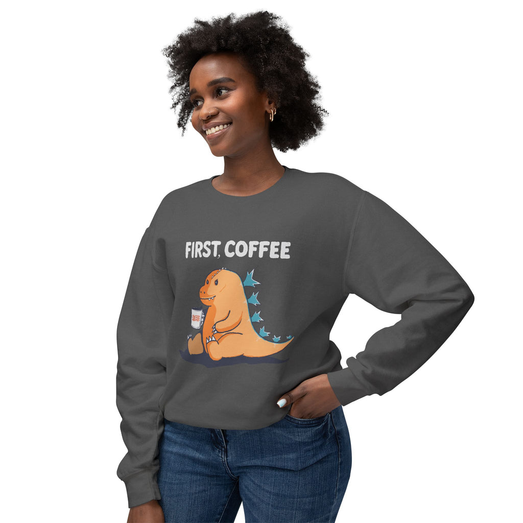 First Coffee Dinosaur Sweatshirt - Cute Dino Morning Coffee Crewneck