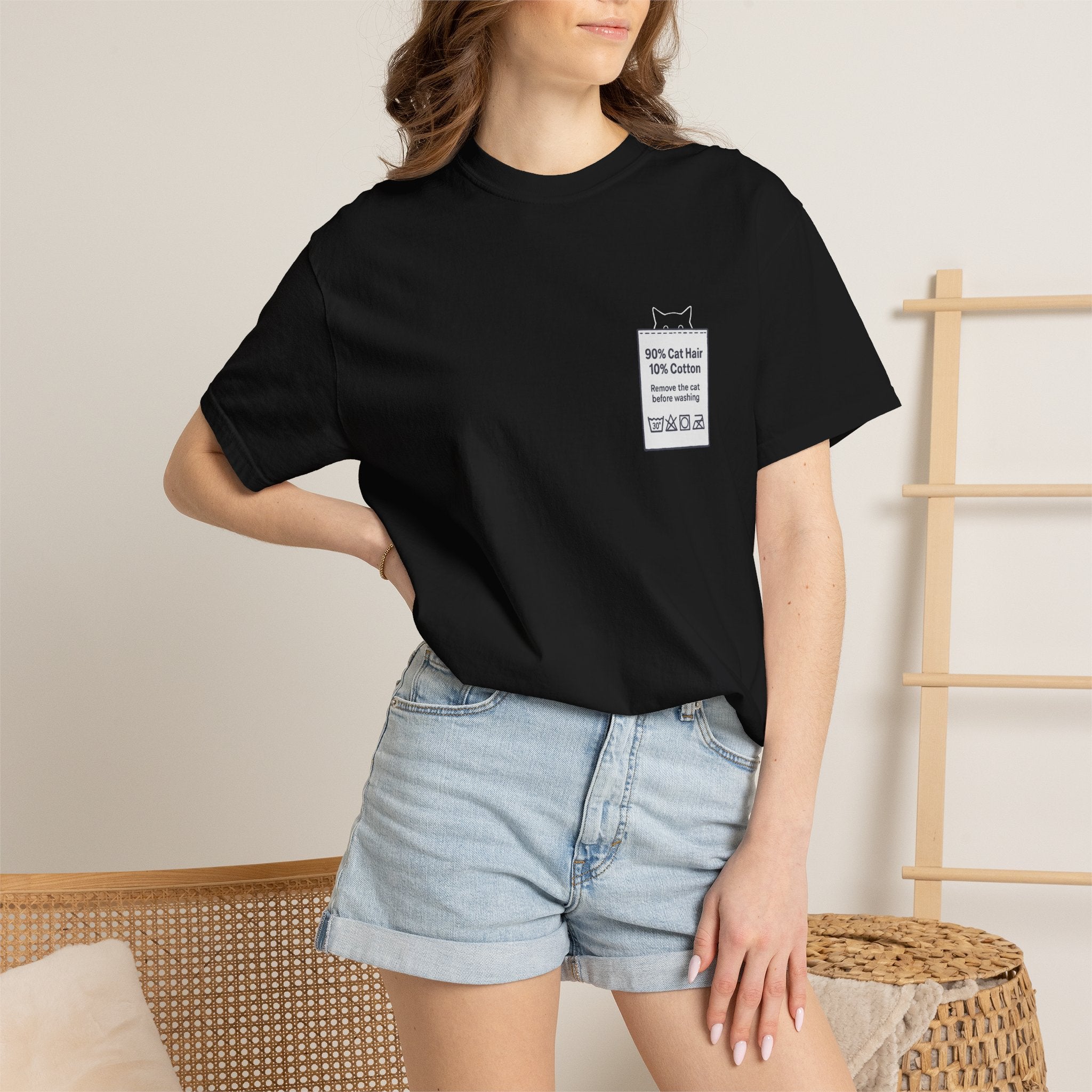 90% Cat Hair 10% Cotton - Remove The Cat Before Washing Tee with Care Label Pocket Print