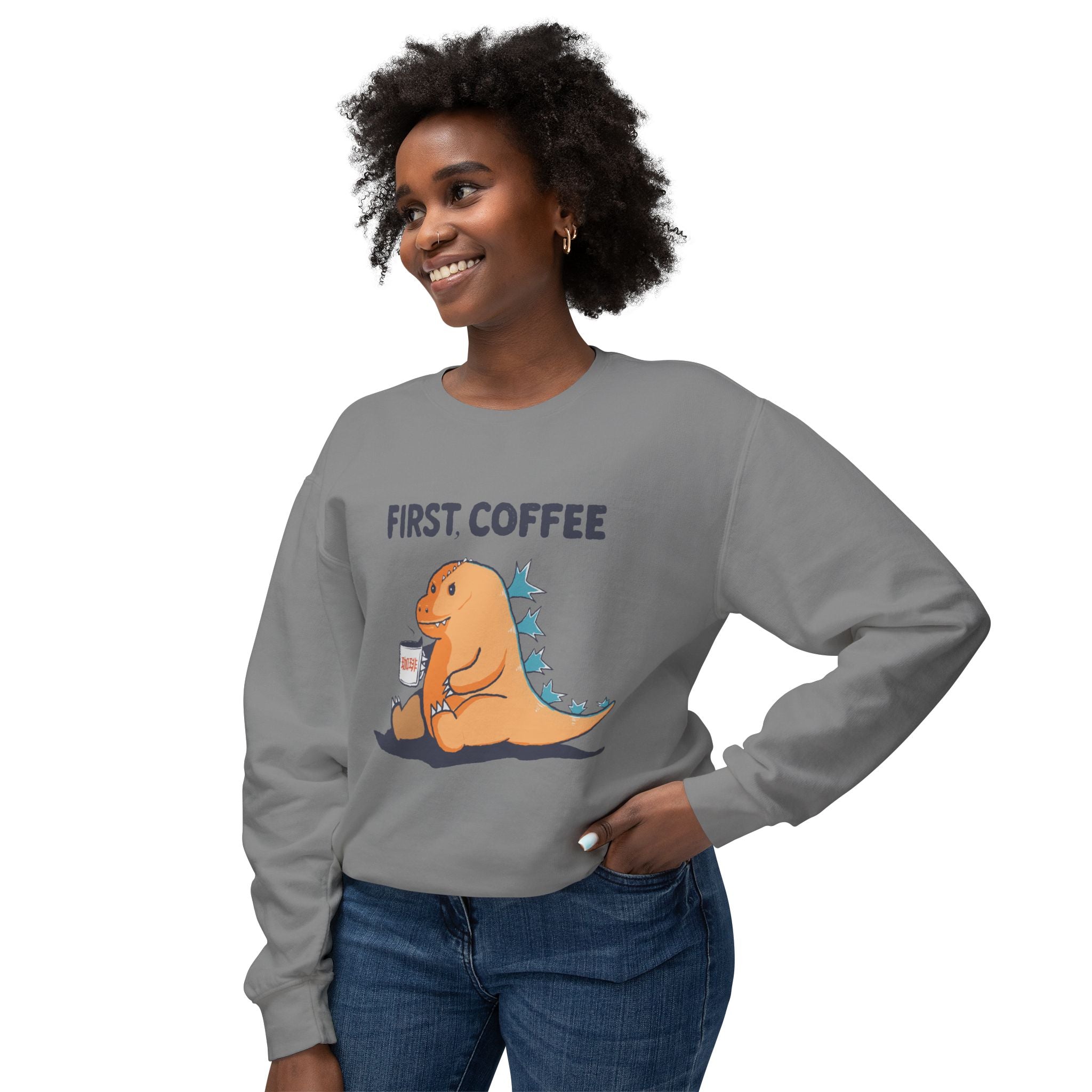 First Coffee Dinosaur Sweatshirt - Cute Dino Morning Coffee Crewneck