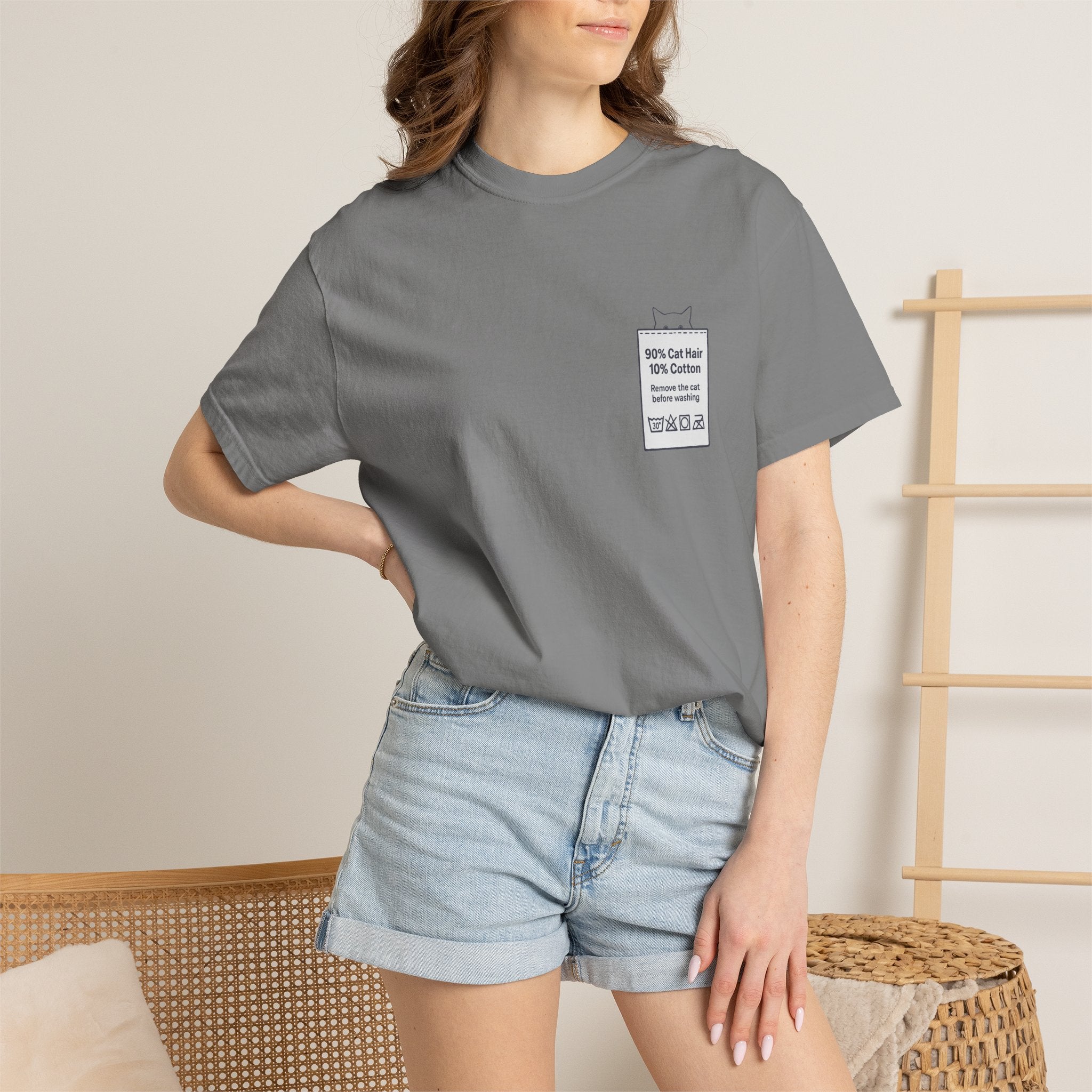 90% Cat Hair 10% Cotton - Remove The Cat Before Washing Tee with Care Label Pocket Print