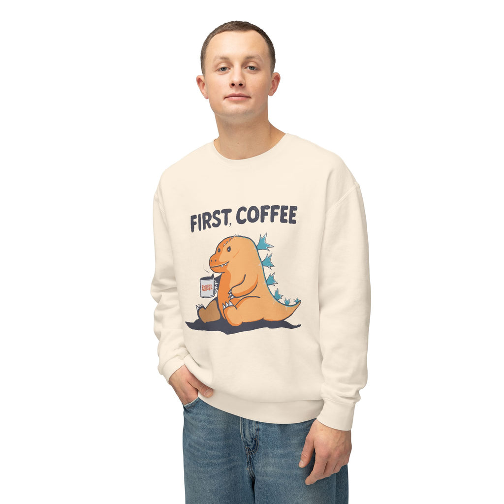 First Coffee Dinosaur Sweatshirt - Cute Dino Morning Coffee Crewneck