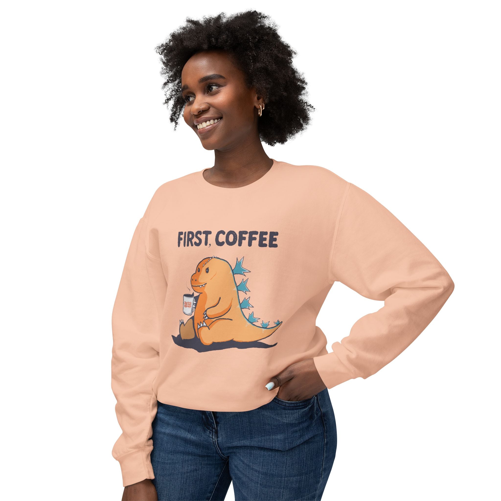 First Coffee Dinosaur Sweatshirt - Cute Dino Morning Coffee Crewneck