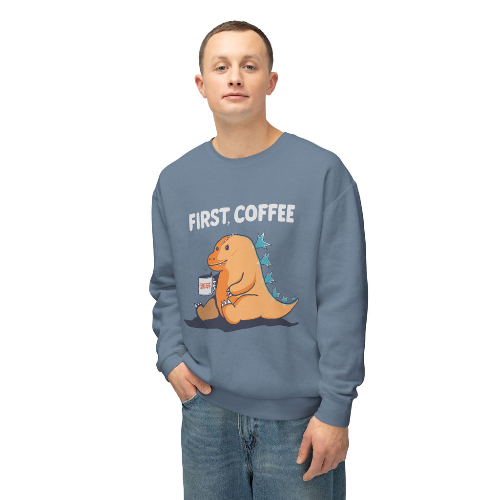 First Coffee Dinosaur Sweatshirt - Cute Dino Morning Coffee Crewneck