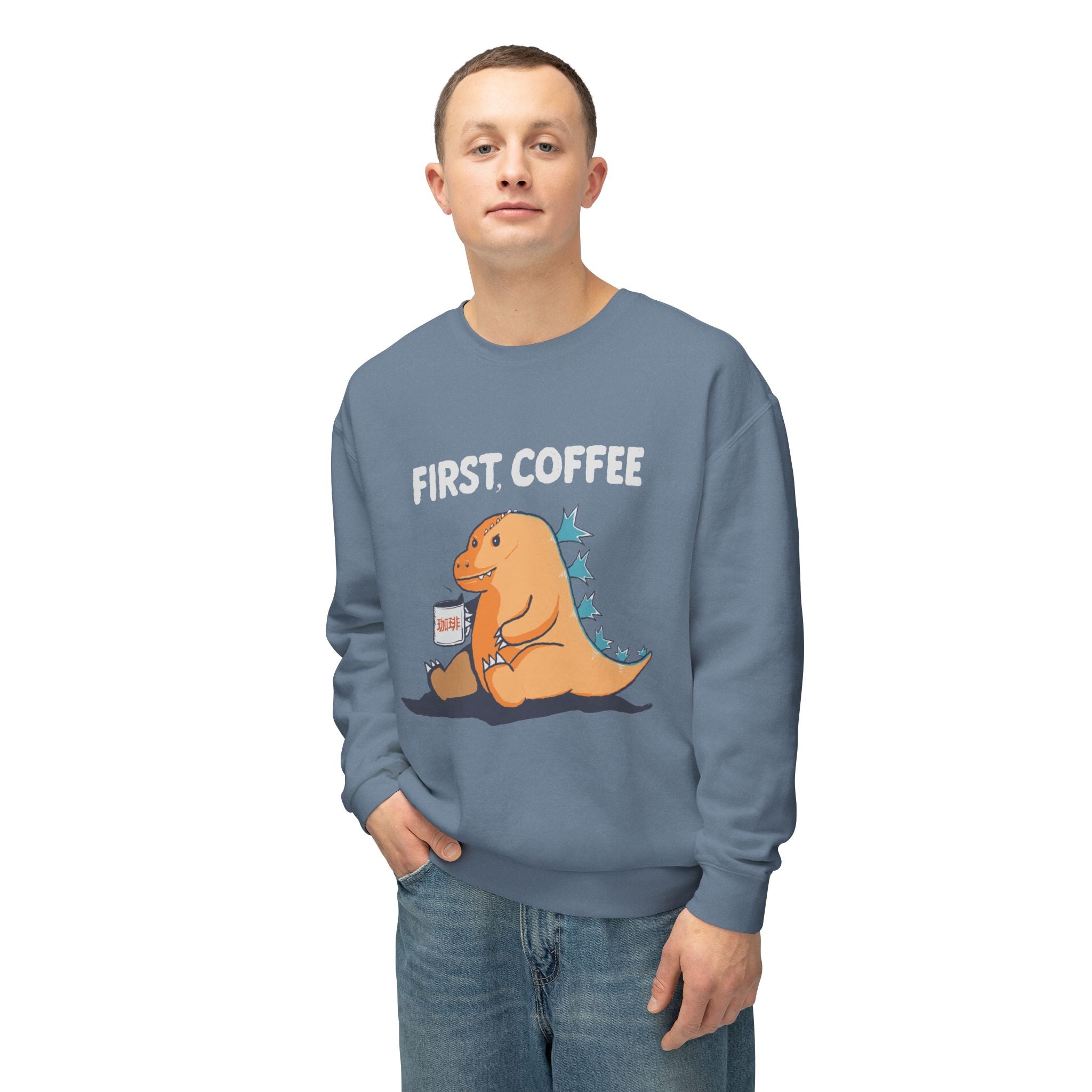 First Coffee Dinosaur Sweatshirt - Cute Dino Morning Coffee Crewneck