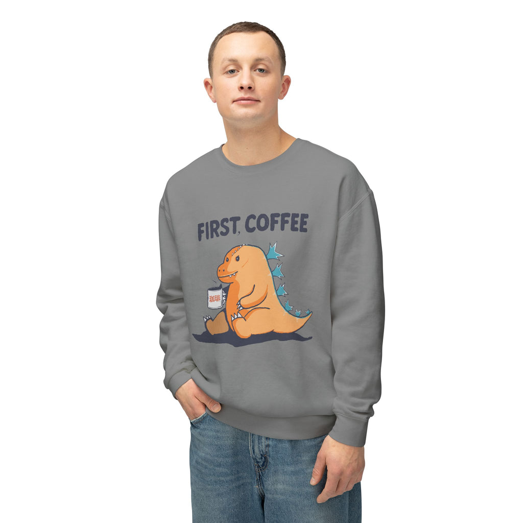 First Coffee Dinosaur Sweatshirt - Cute Dino Morning Coffee Crewneck