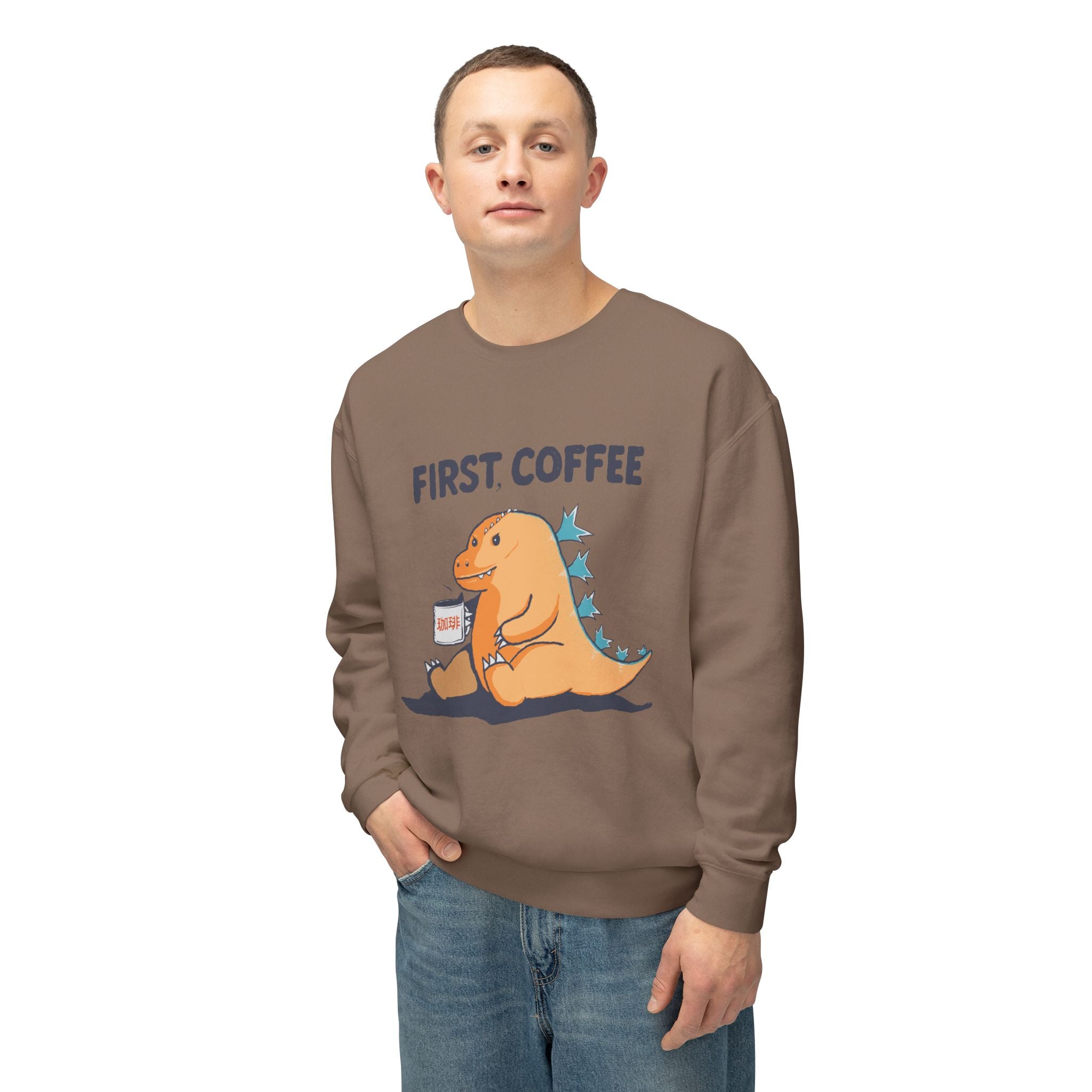 First Coffee Dinosaur Sweatshirt - Cute Dino Morning Coffee Crewneck