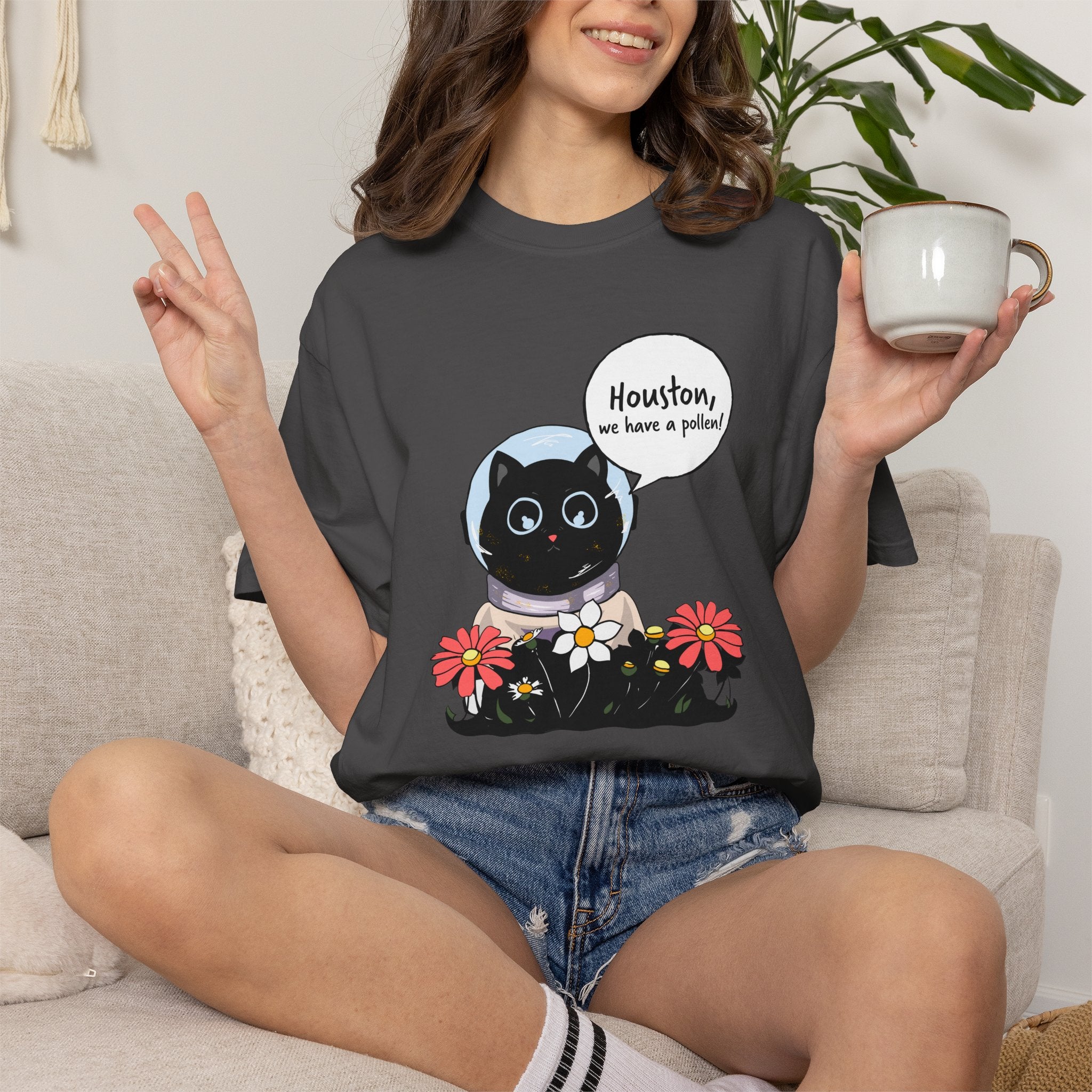 Houston We Have A Pollen Shirt - Funny Cat Astronaut Tee | Allergy Season Gift