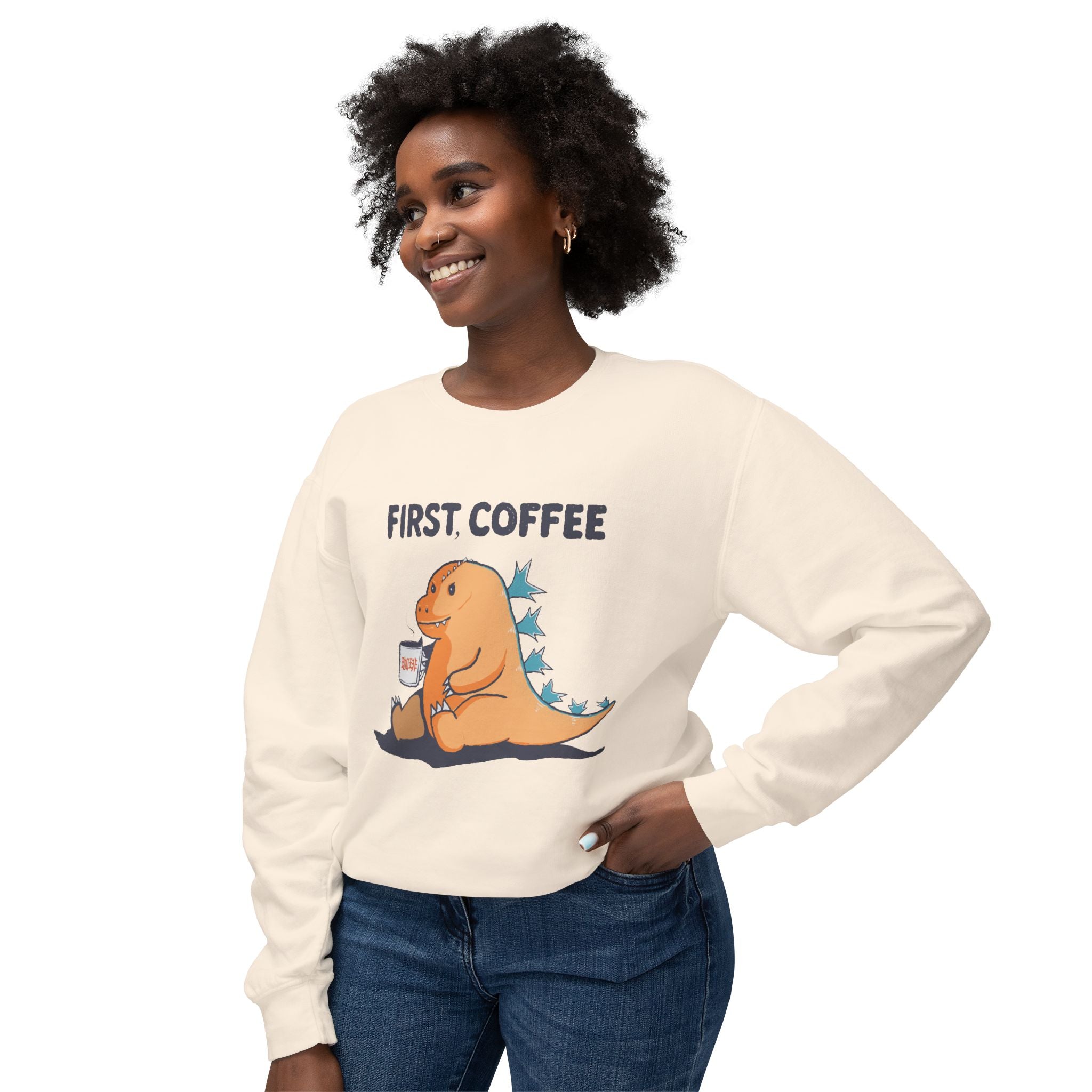First Coffee Dinosaur Sweatshirt - Cute Dino Morning Coffee Crewneck