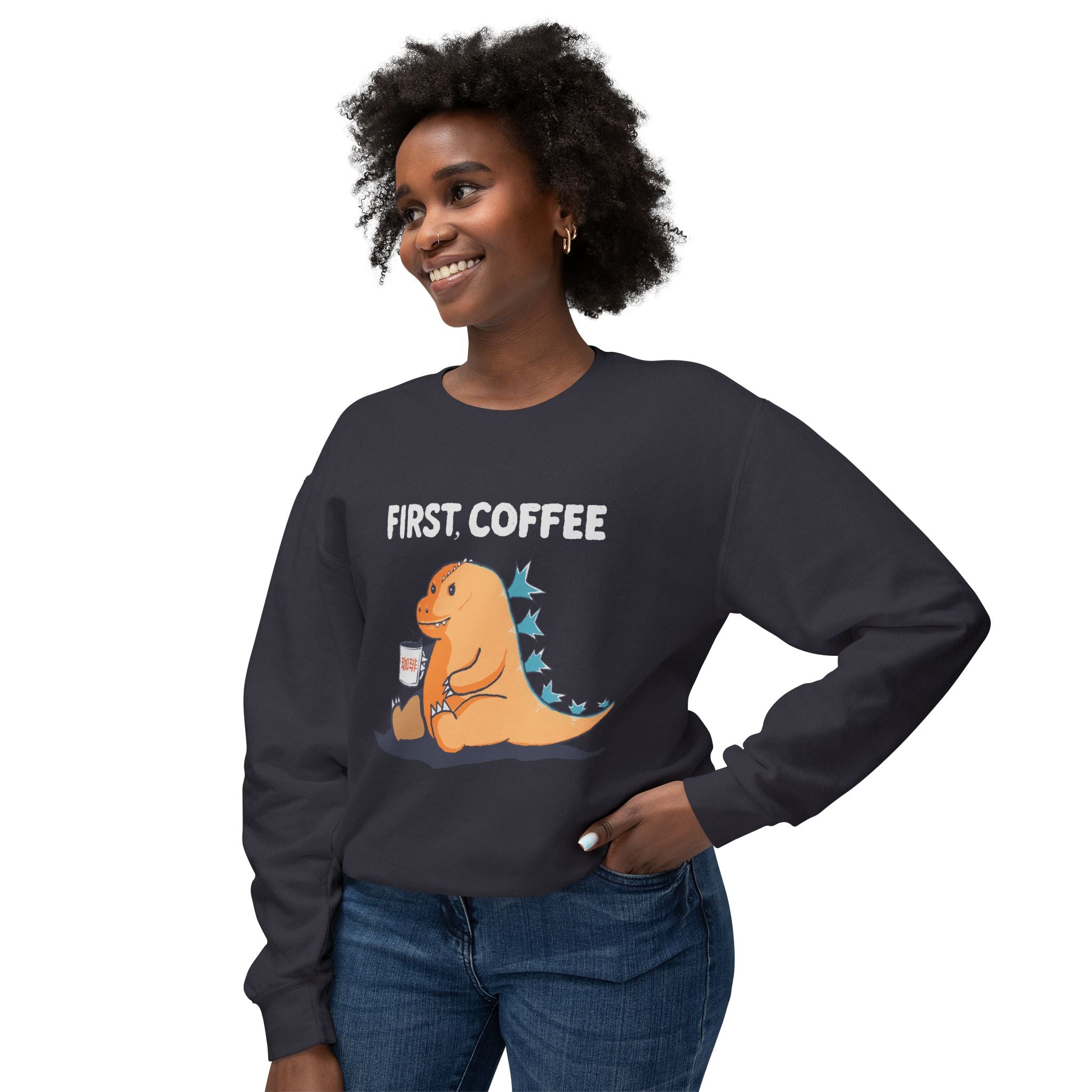 First Coffee Dinosaur Sweatshirt - Cute Dino Morning Coffee Crewneck