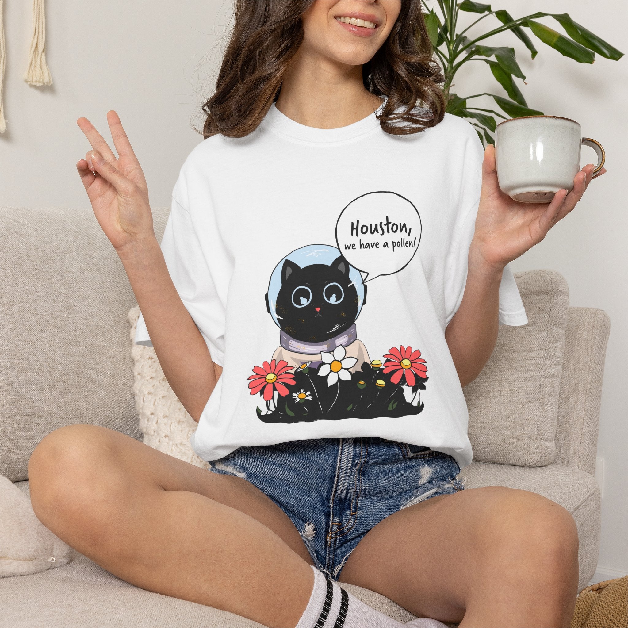 Houston We Have A Pollen Shirt - Funny Cat Astronaut Tee | Allergy Season Gift