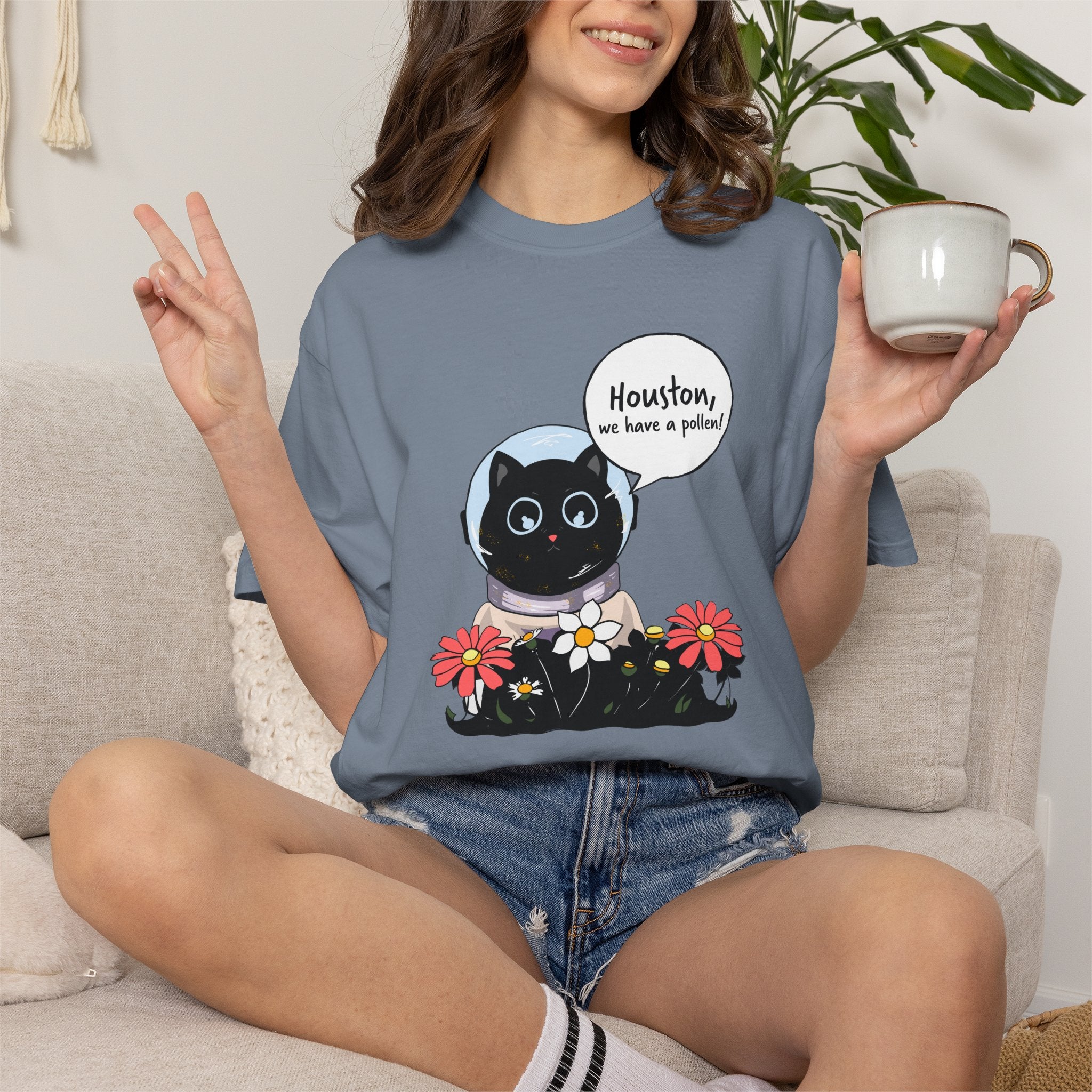 Houston We Have A Pollen Shirt - Funny Cat Astronaut Tee | Allergy Season Gift