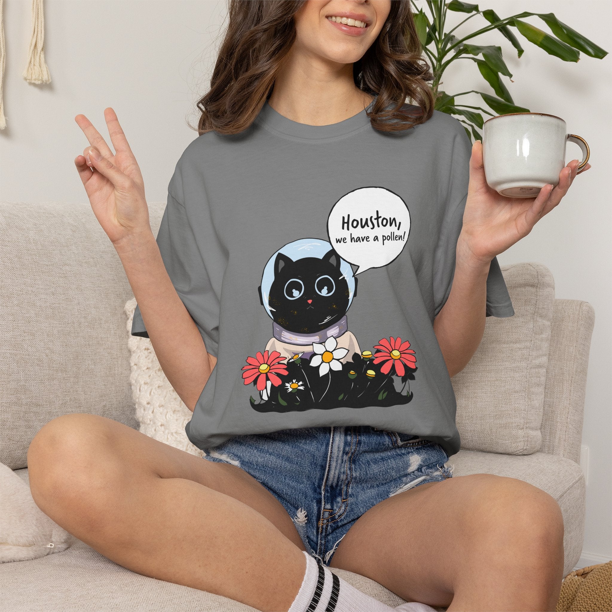Houston We Have A Pollen Shirt - Funny Cat Astronaut Tee | Allergy Season Gift