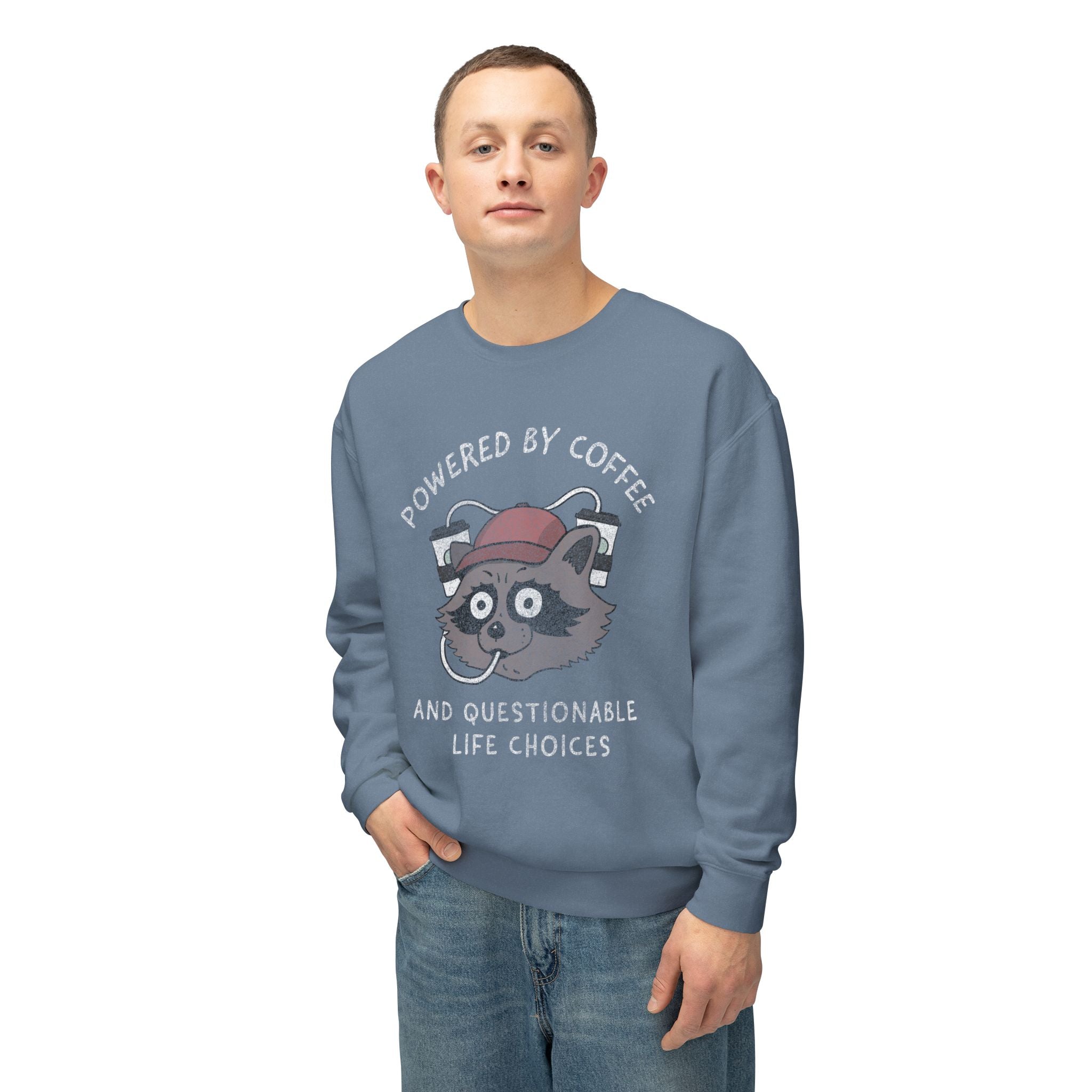 Powered By Coffee And Questionable Life Choices - Funny Raccoon Sweatshirt