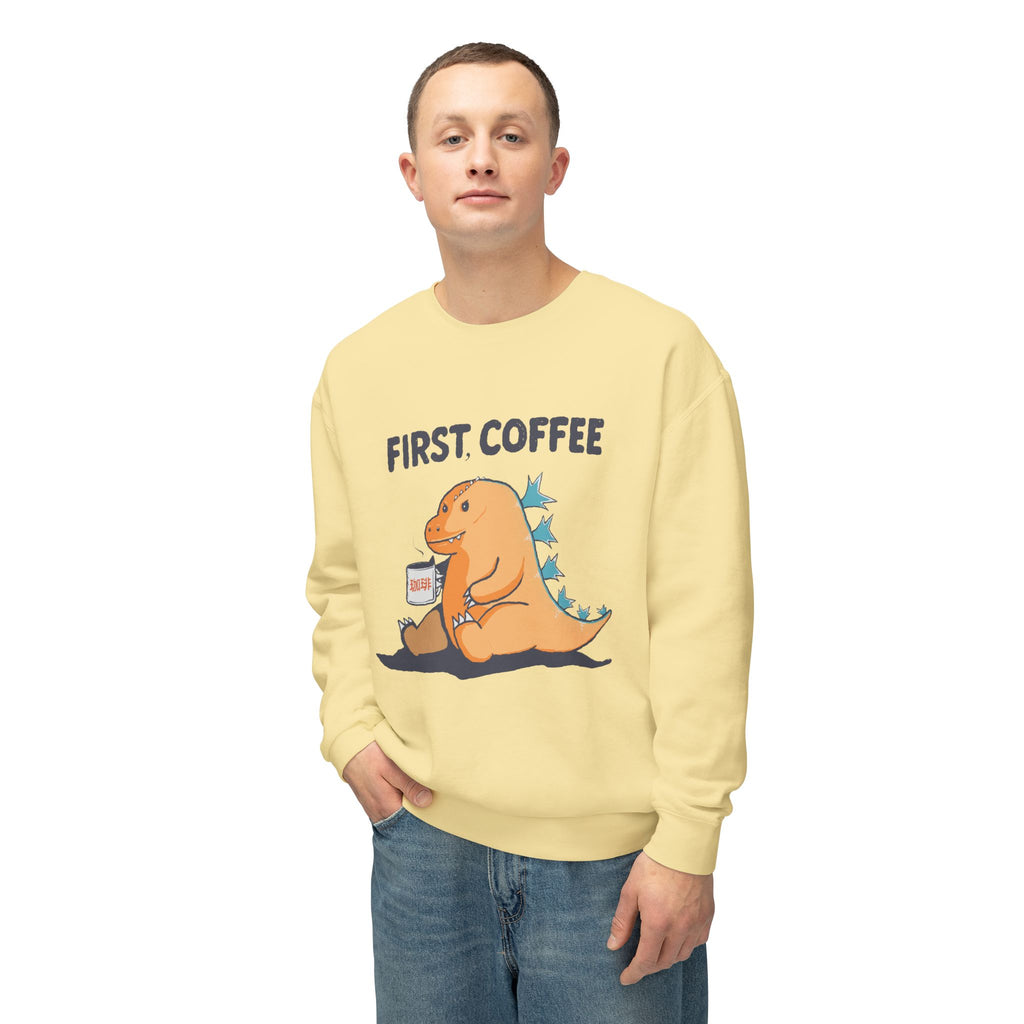 First Coffee Dinosaur Sweatshirt - Cute Dino Morning Coffee Crewneck