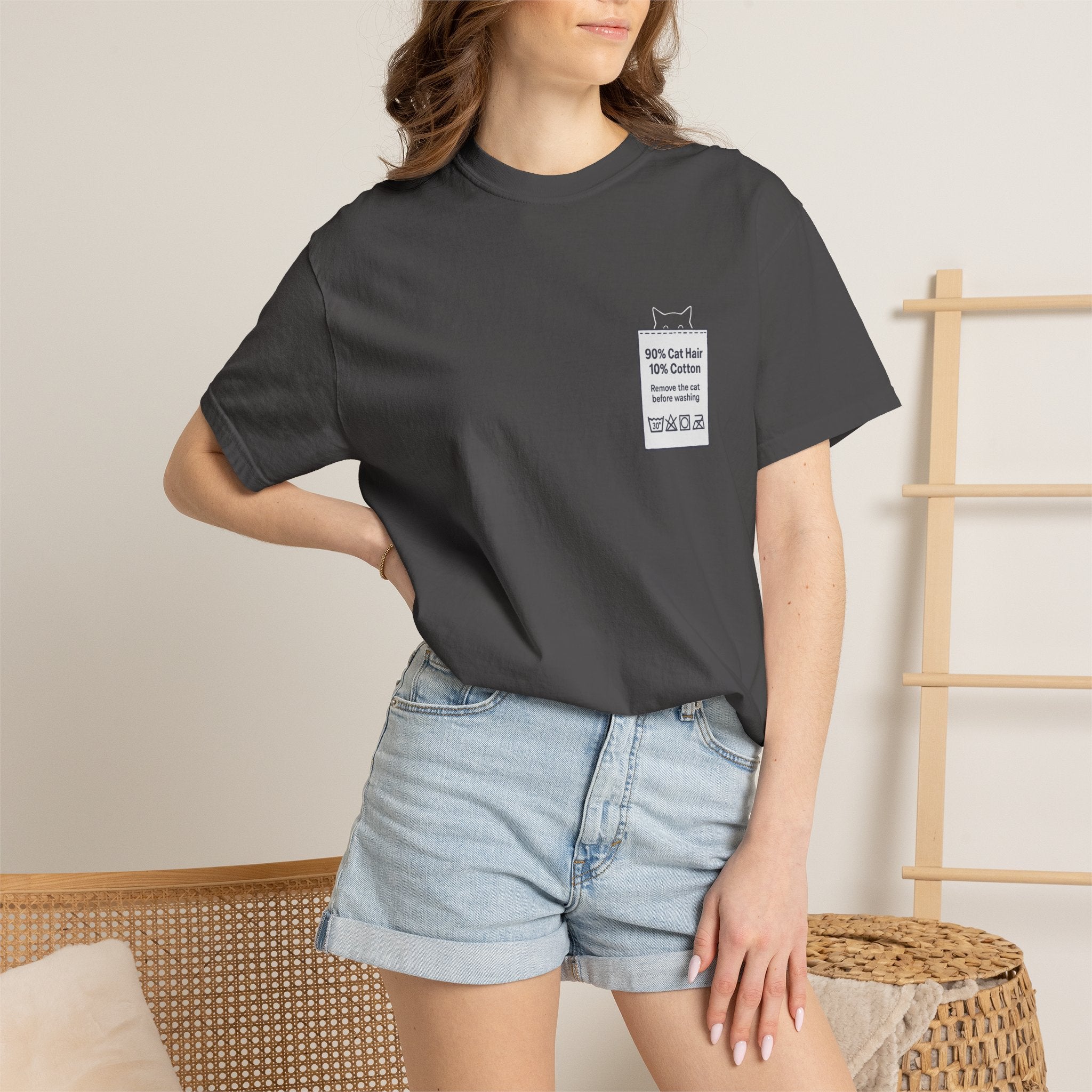90% Cat Hair 10% Cotton - Remove The Cat Before Washing Tee with Care Label Pocket Print