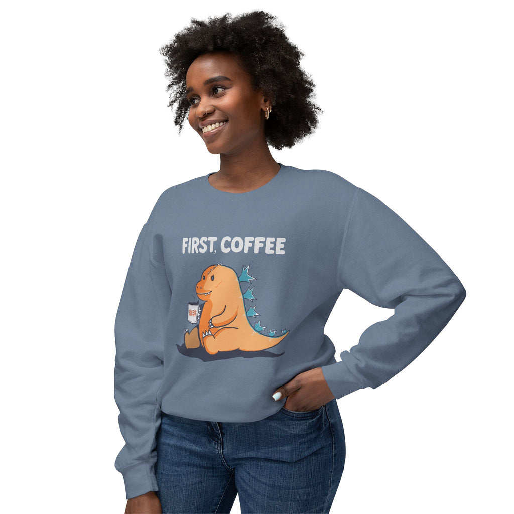 First Coffee Dinosaur Sweatshirt - Cute Dino Morning Coffee Crewneck
