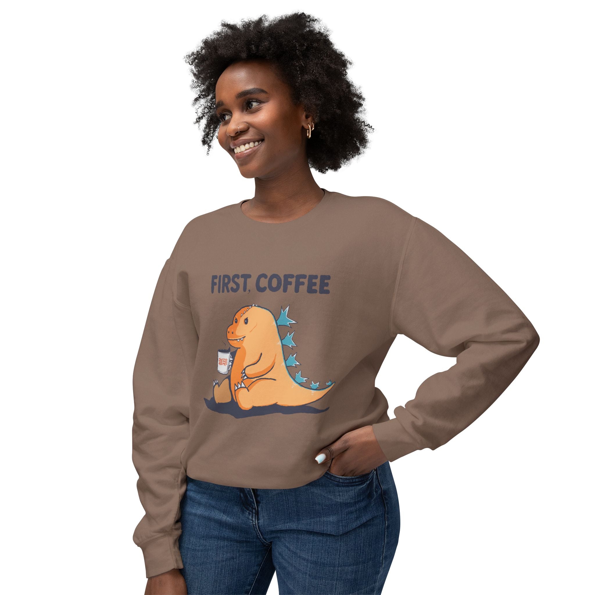 First Coffee Dinosaur Sweatshirt - Cute Dino Morning Coffee Crewneck