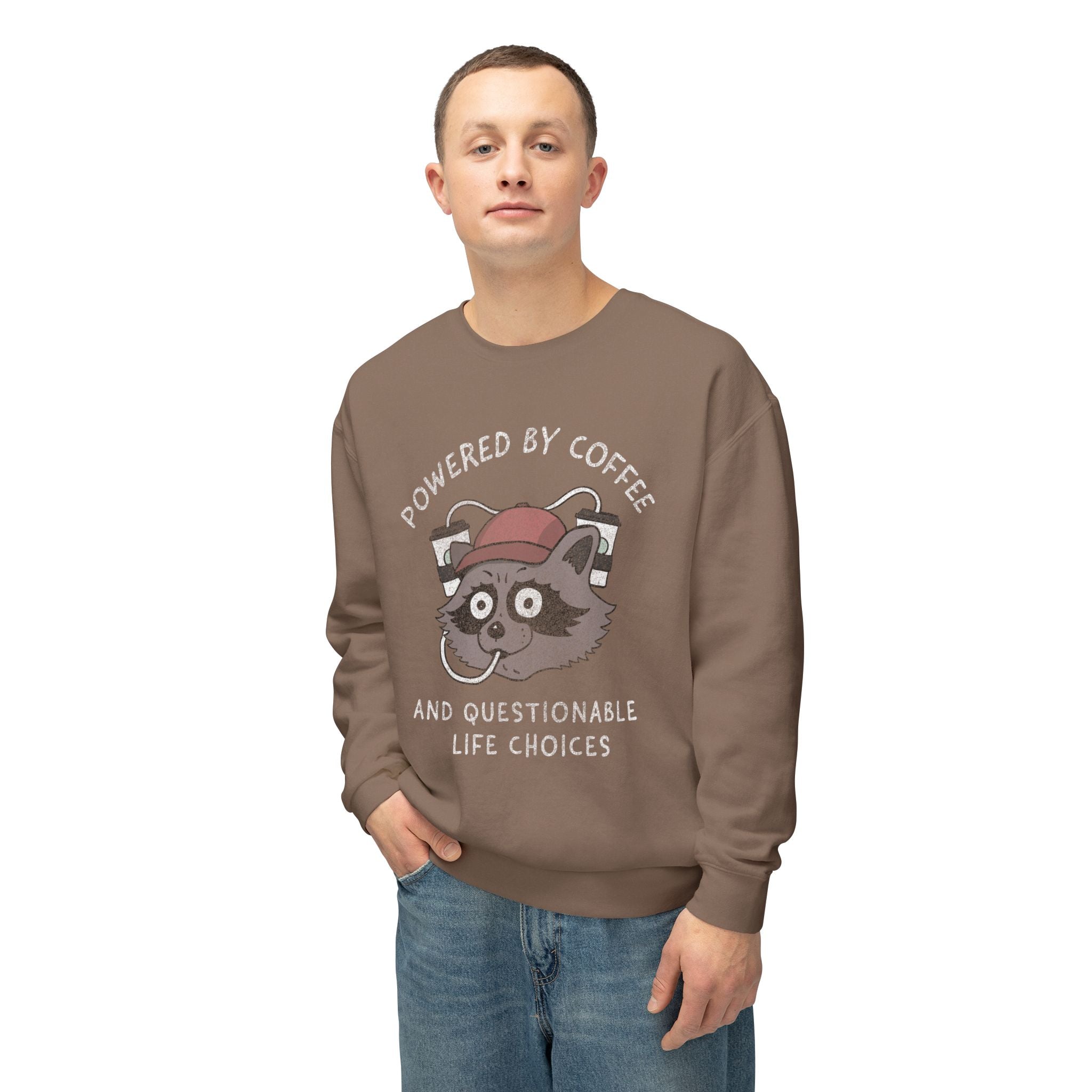 Powered By Coffee And Questionable Life Choices - Funny Raccoon Sweatshirt