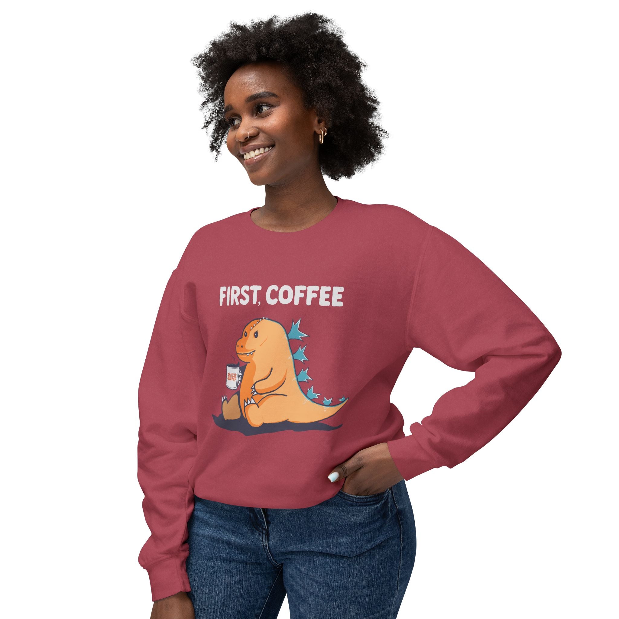 First Coffee Dinosaur Sweatshirt - Cute Dino Morning Coffee Crewneck