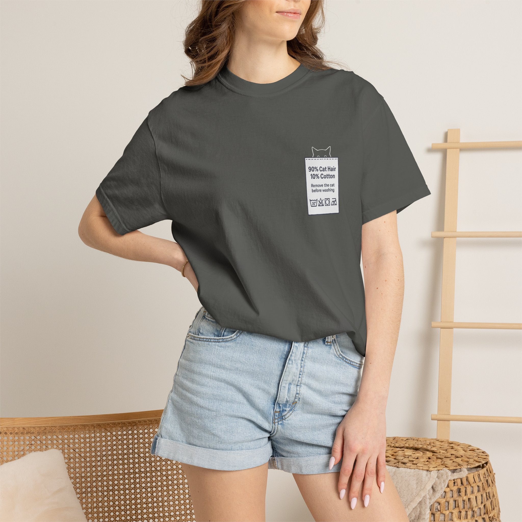 90% Cat Hair 10% Cotton - Remove The Cat Before Washing Tee with Care Label Pocket Print