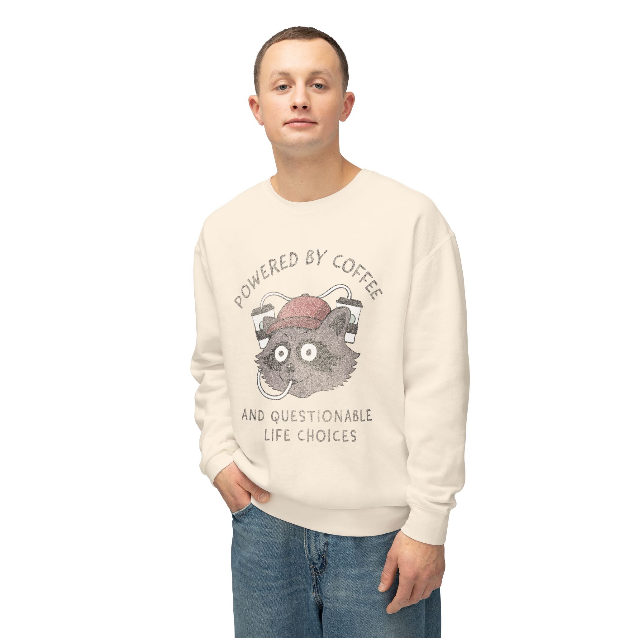 Powered By Coffee And Questionable Life Choices - Funny Raccoon Sweatshirt