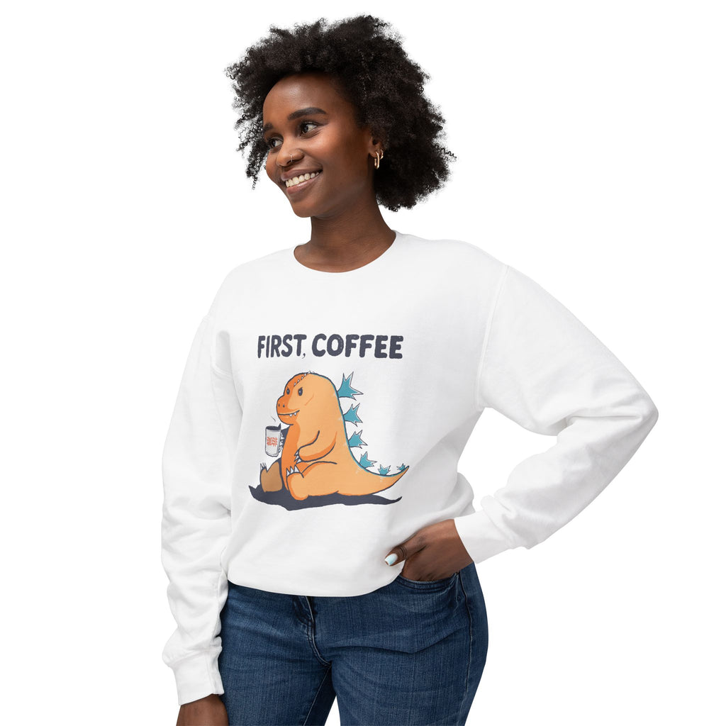 First Coffee Dinosaur Sweatshirt - Cute Dino Morning Coffee Crewneck