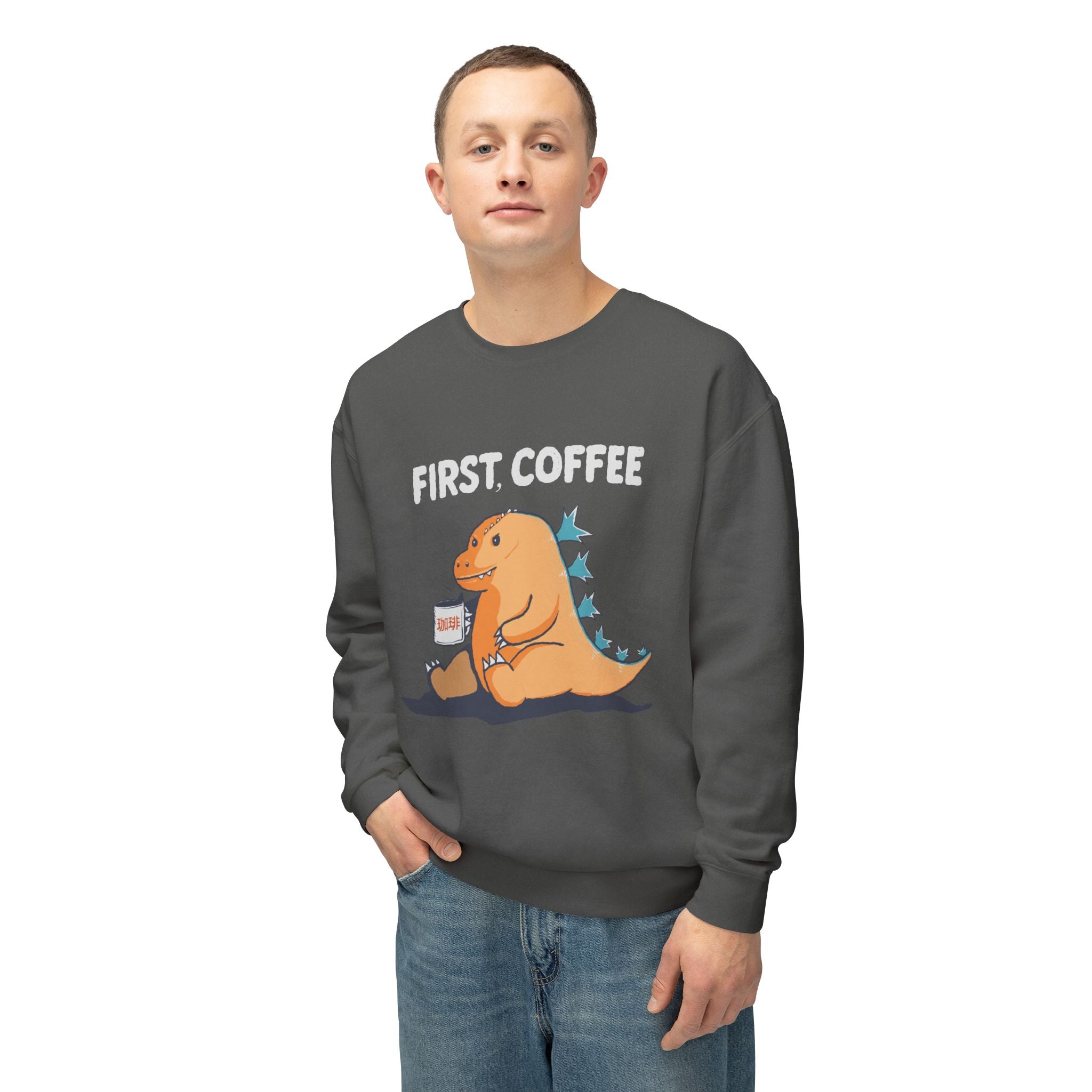 First Coffee Dinosaur Sweatshirt - Cute Dino Morning Coffee Crewneck