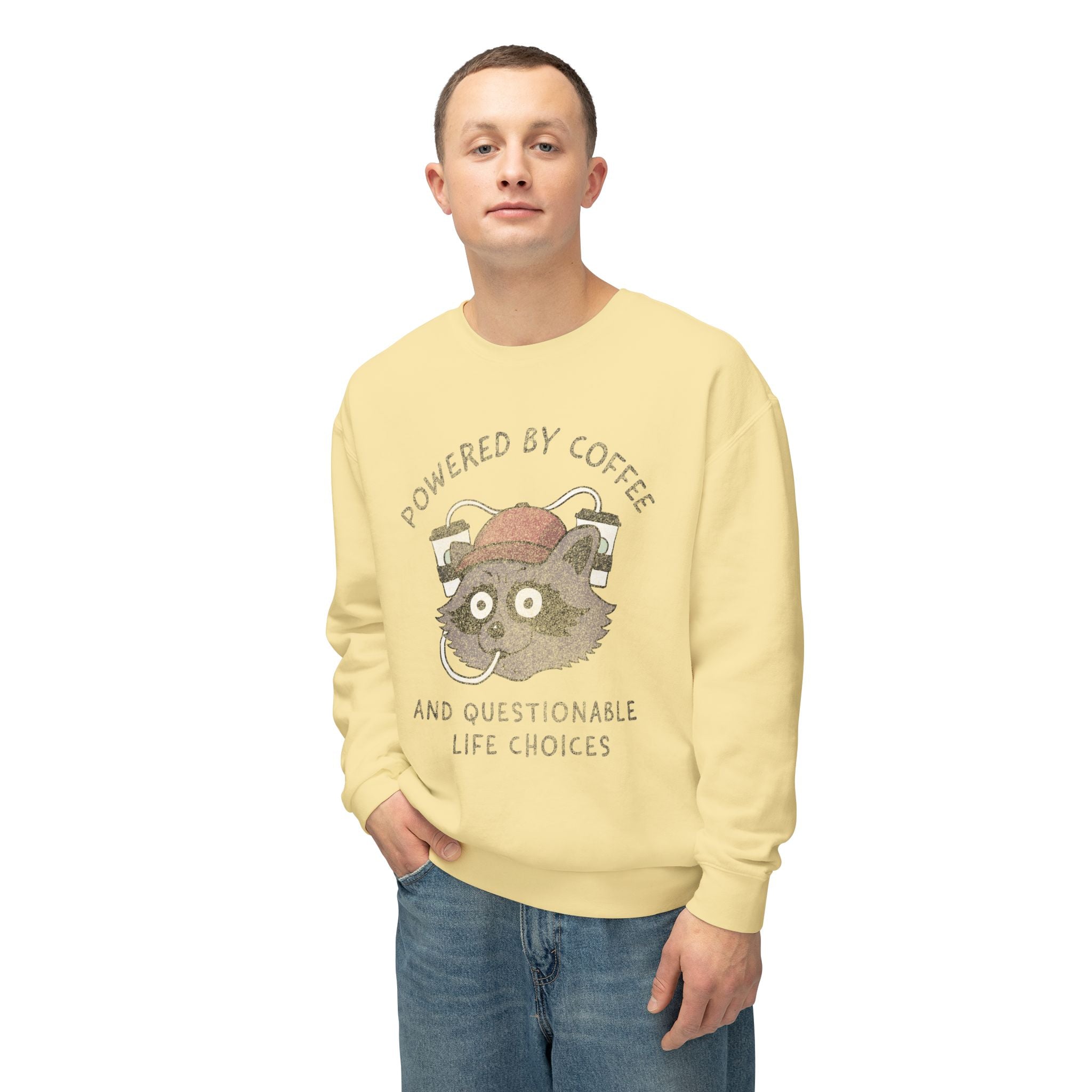 Powered By Coffee And Questionable Life Choices - Funny Raccoon Sweatshirt