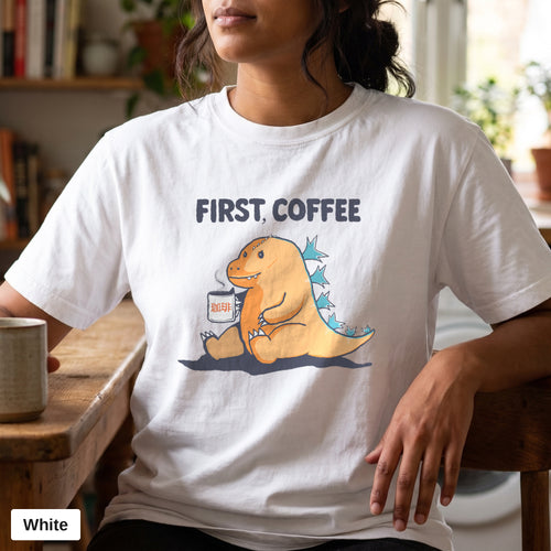 First Coffee dinosaur graphic tee, Comfort Colors 1717 in White, worn