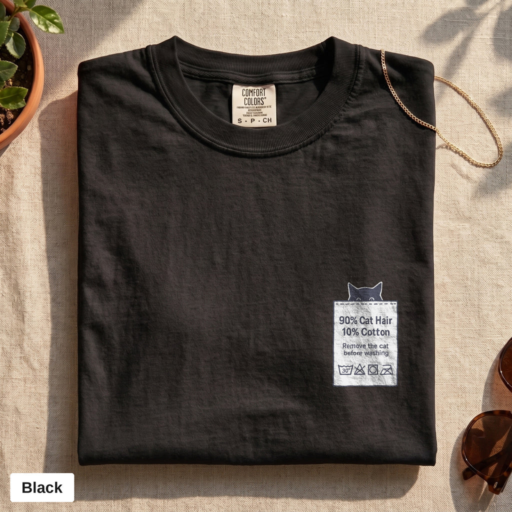 90% Cat Hair 10% Cotton pocket print tee, Comfort Colors 1717 in Black, folded flat lay