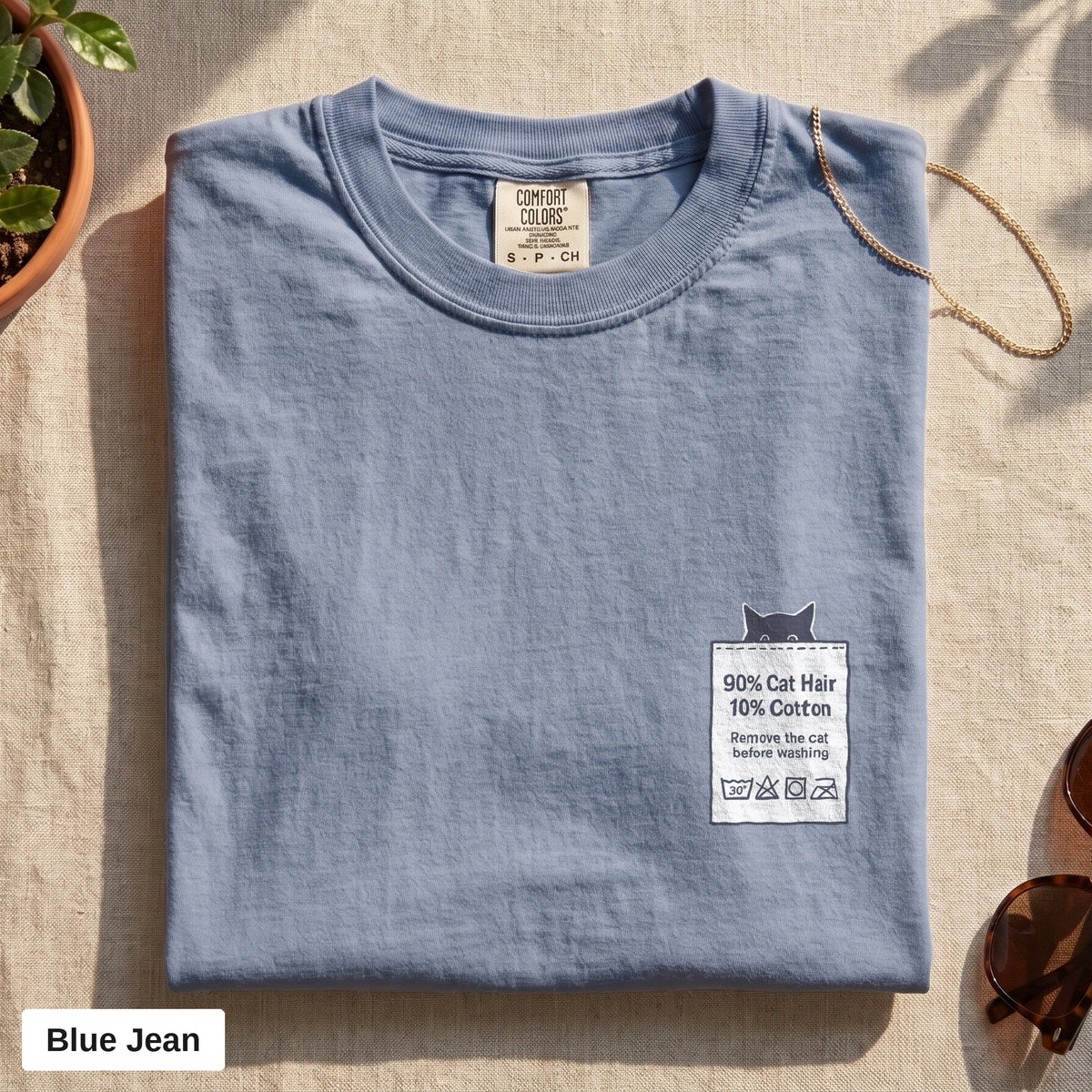 90% Cat Hair 10% Cotton pocket print tee, Comfort Colors 1717 in Blue Jean, folded flat lay