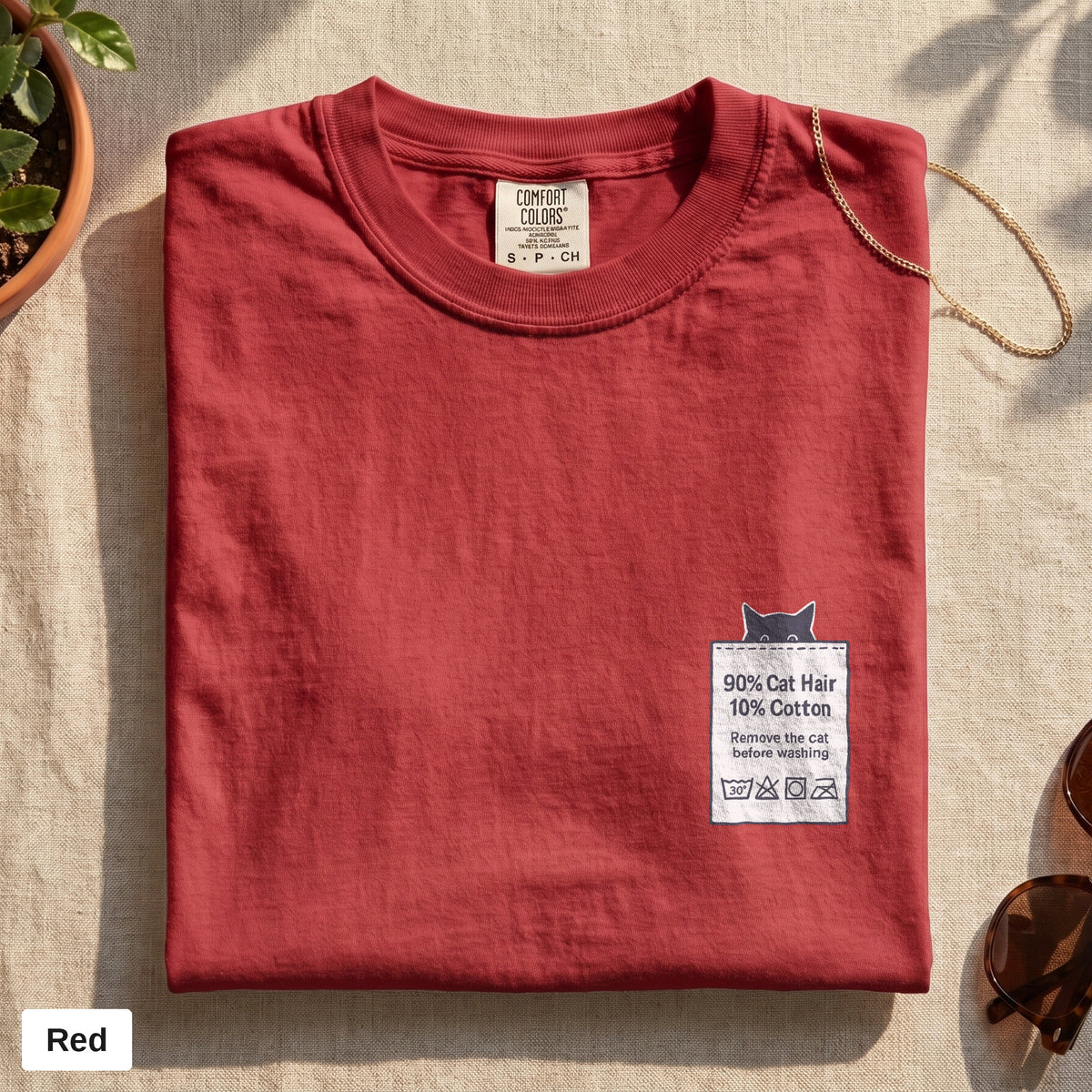 90% Cat Hair 10% Cotton pocket print tee, Comfort Colors 1717 in Red, folded flat lay