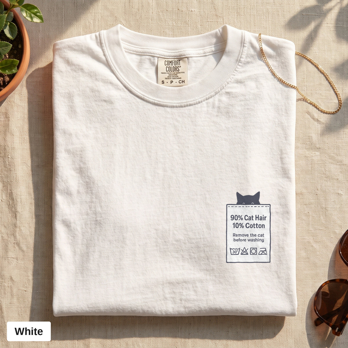 90% Cat Hair 10% Cotton pocket print tee, Comfort Colors 1717 in White, folded flat lay