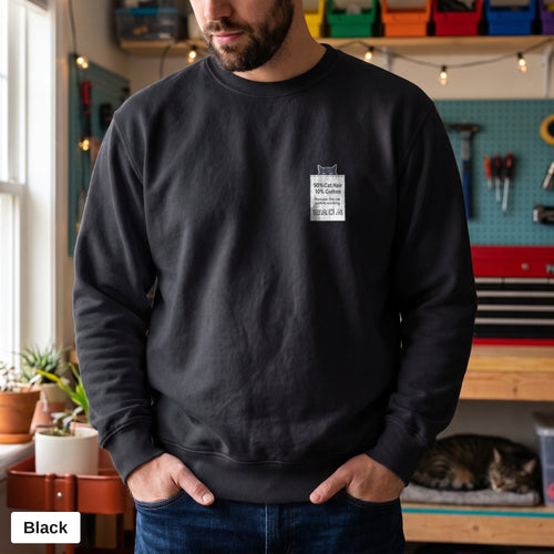 Black Comfort Colors crewneck sweatshirt worn by a man, 90% Cat Hair 10% Cotton design printed on the chest