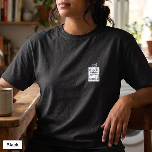90% Cat Hair 10% Cotton pocket print tee, Comfort Colors 1717 in Black, worn by a woman