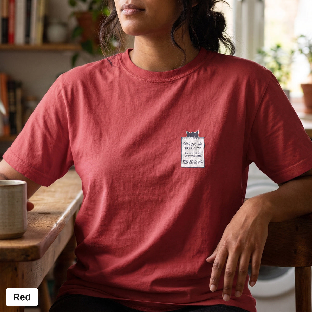 90% Cat Hair 10% Cotton pocket print tee, Comfort Colors 1717 in Red, worn by a woman